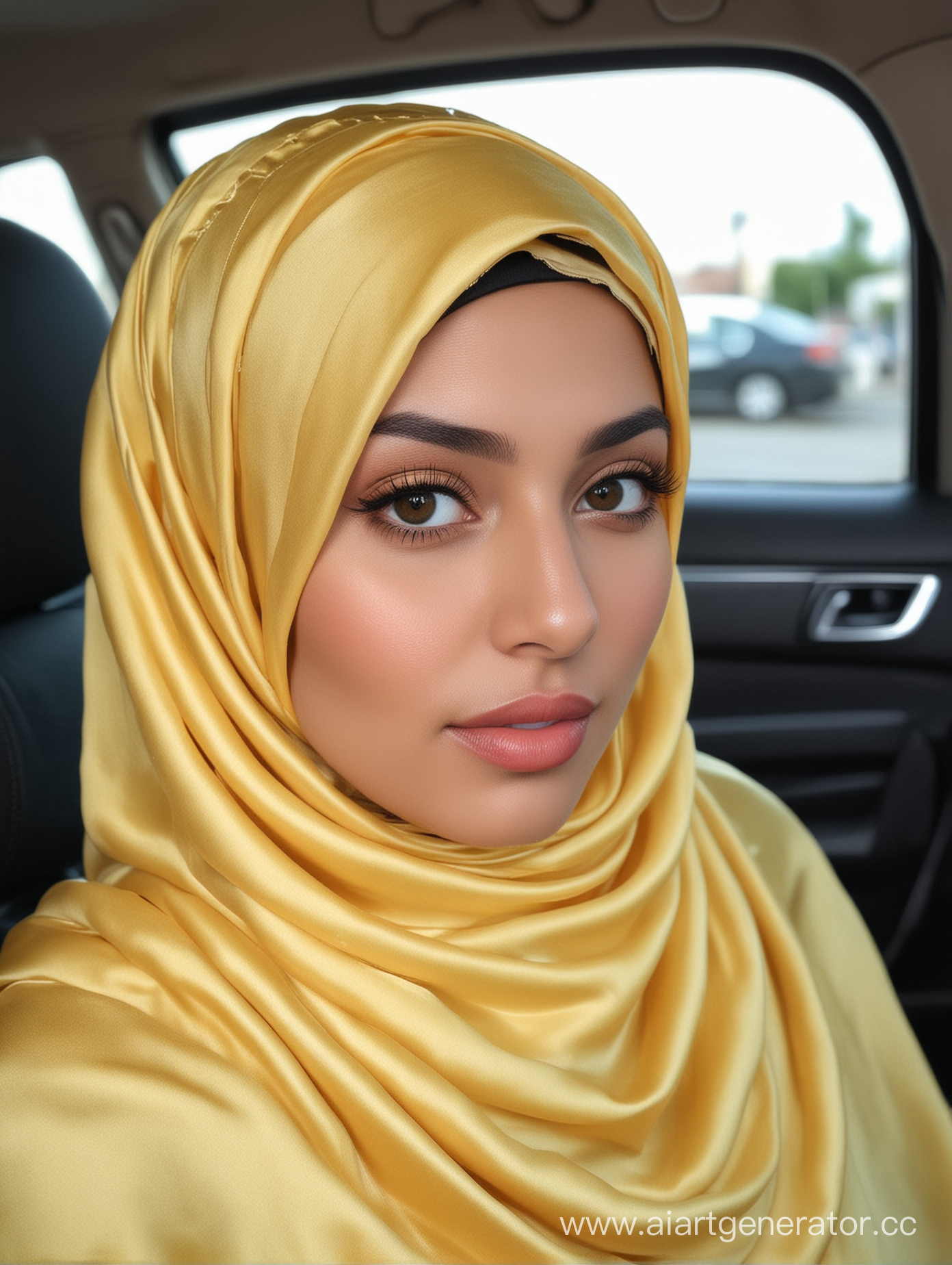 highly detailed, Elegant Yellow Satin Hijab for Modest Fashion Statements, in car seat, from above,  18 years old, 