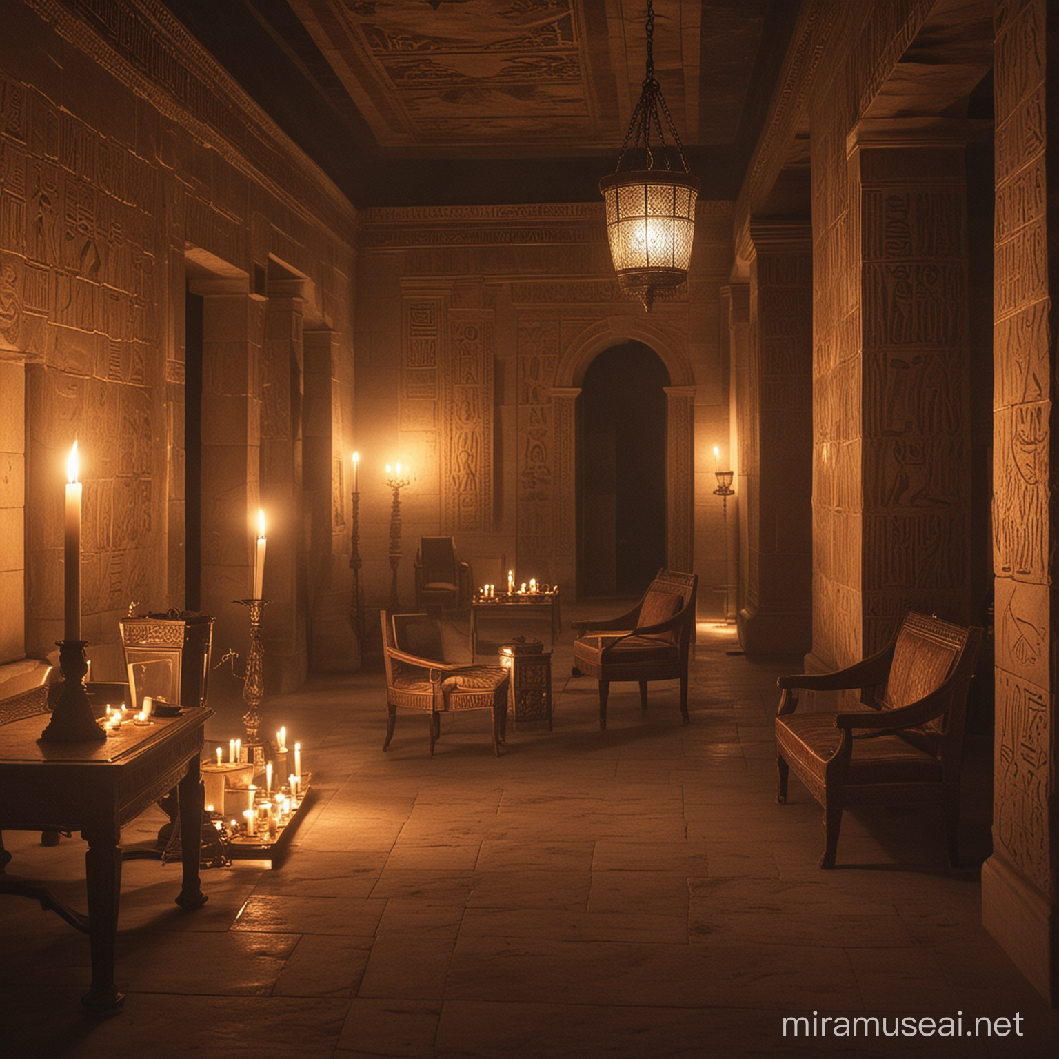 A mysterious room in Alexandria's palace, illuminated by the soft glow of candlelight. Inside, Queen Cleopatra is seen concocting a secret potion with ancient ingredients.