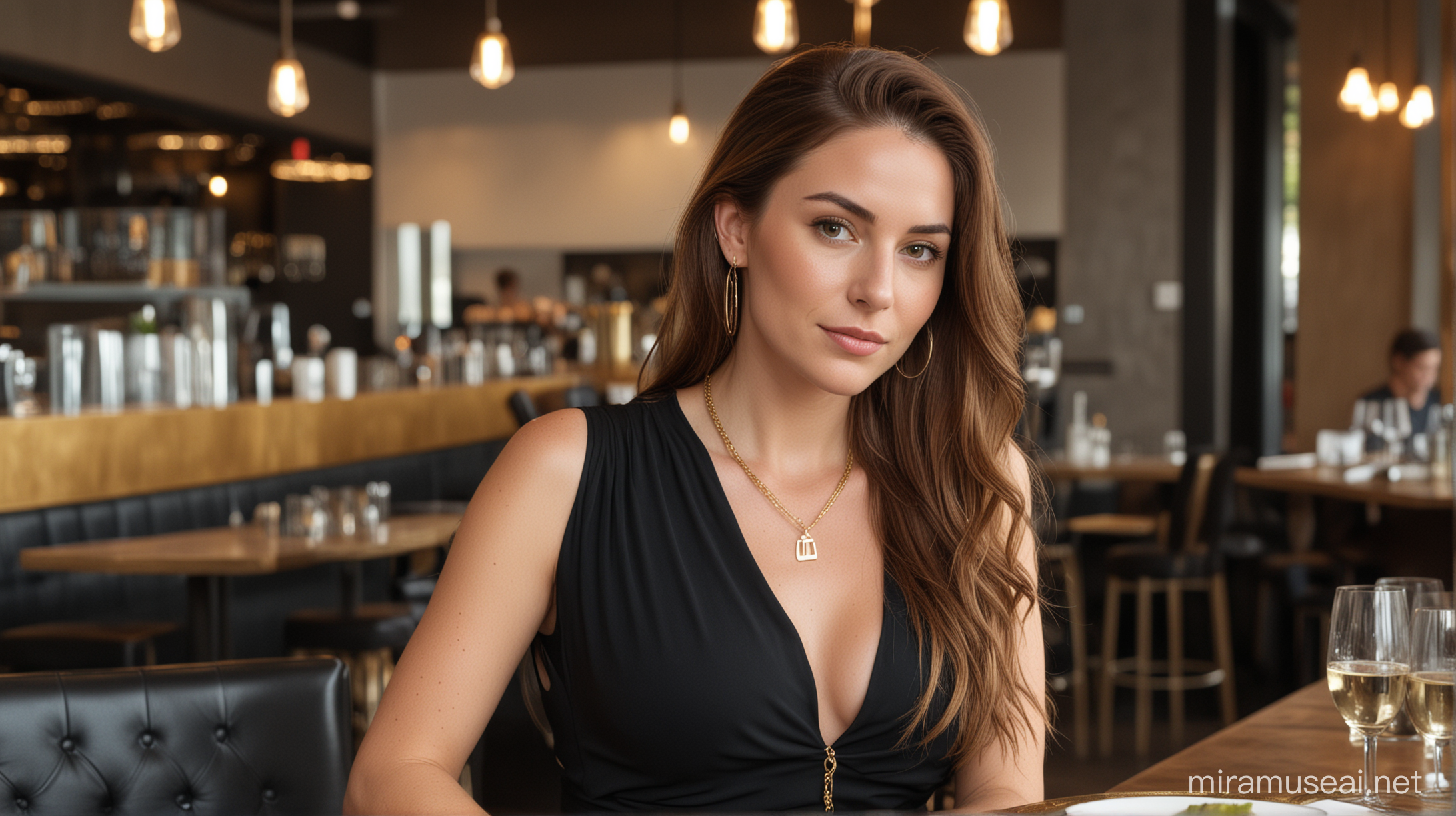 30 year old white woman with long brown hair, wearing a gold necklace, wearing a very low cut black dress, seated at a table, modern restaurant background