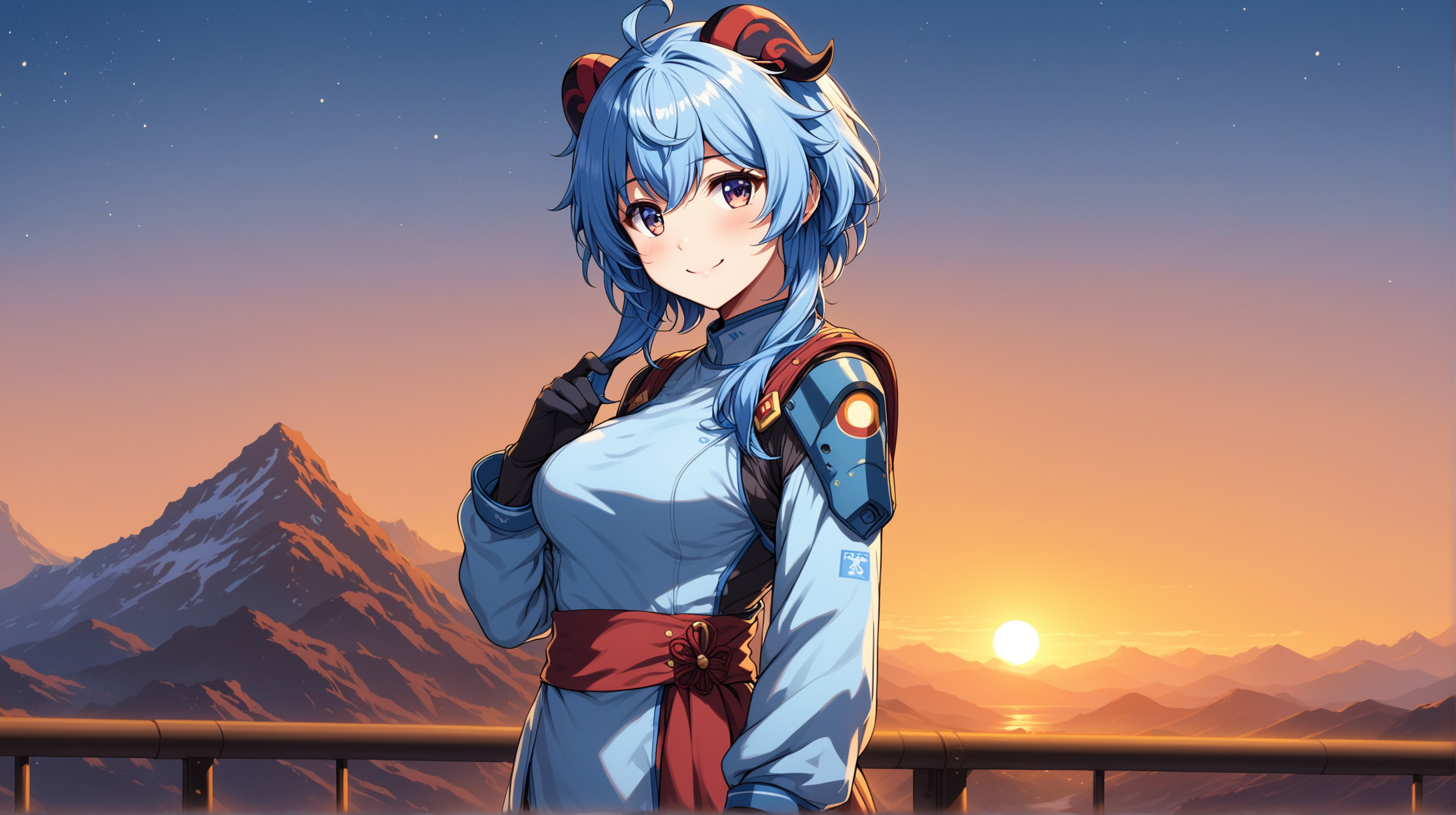 Draw the character Ganyu, high quality, outdoors, in a confident pose, looking over her shoulder, during the evening, wearing an outfit inspired from the Fallout series, smiling at the viewer