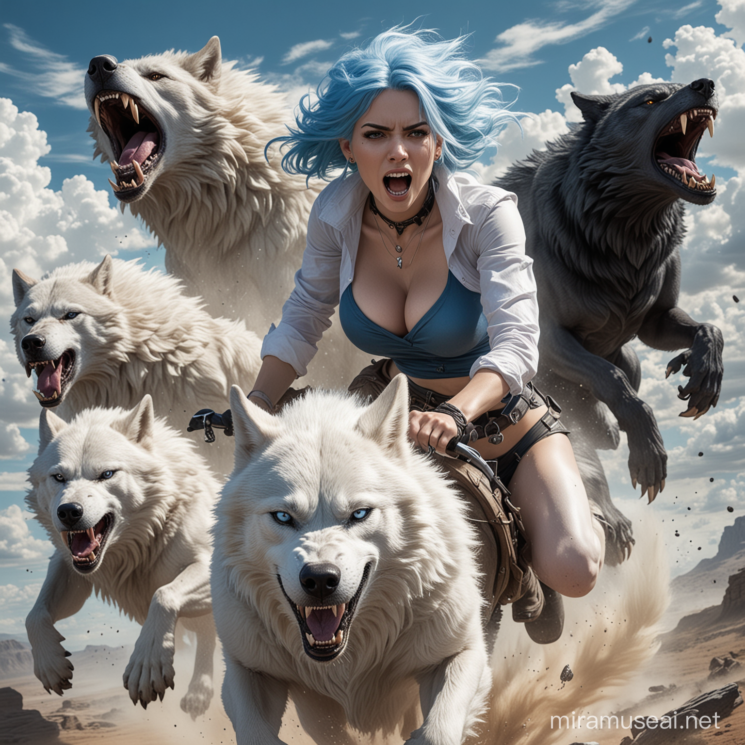 BlueHaired Woman Riding Majestic White Wolf Away from Pursuing Black Werewolves