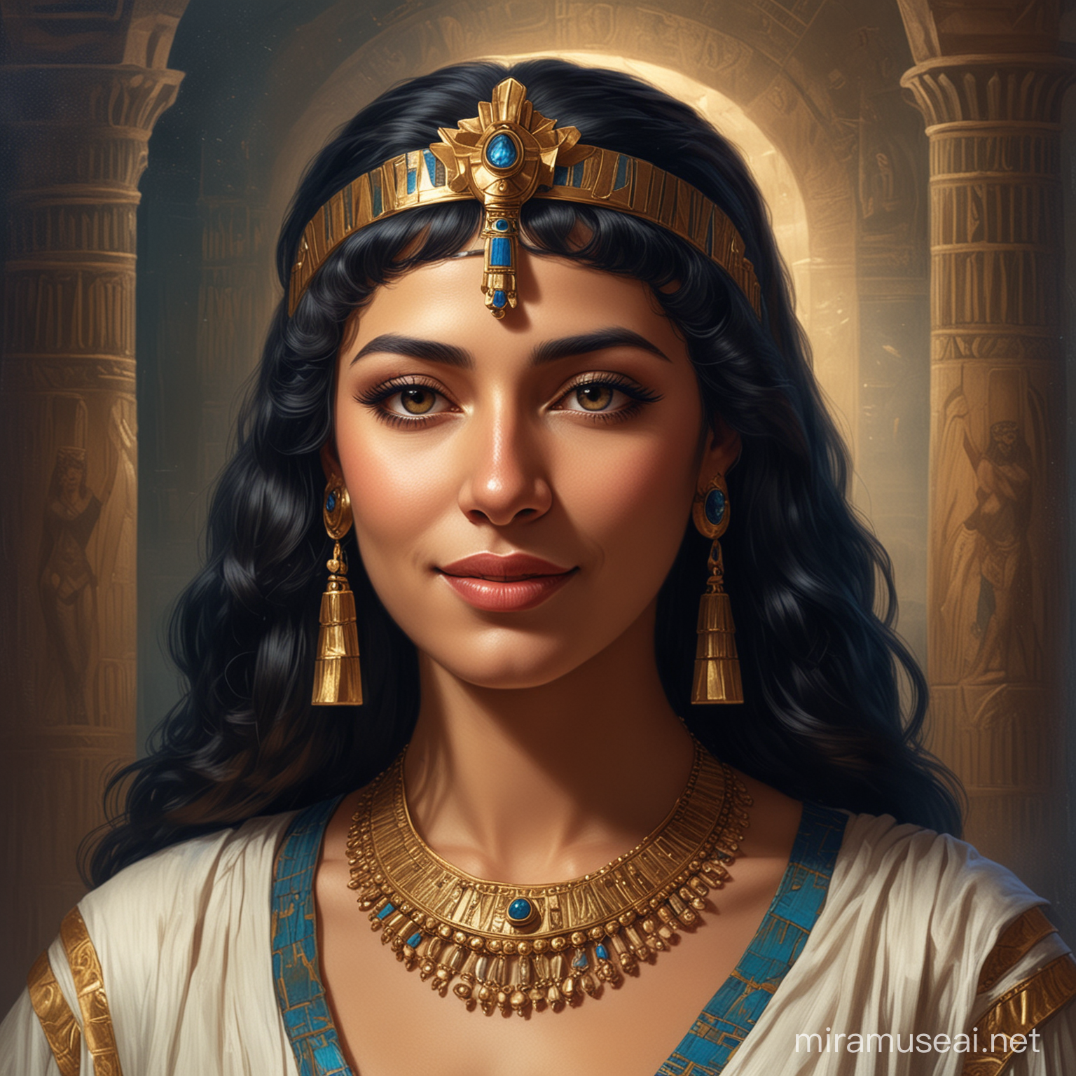 A portrait of Queen Cleopatra, with a subtle hint of mystery in her smile, hinting at the hidden depths of her power and secrets.