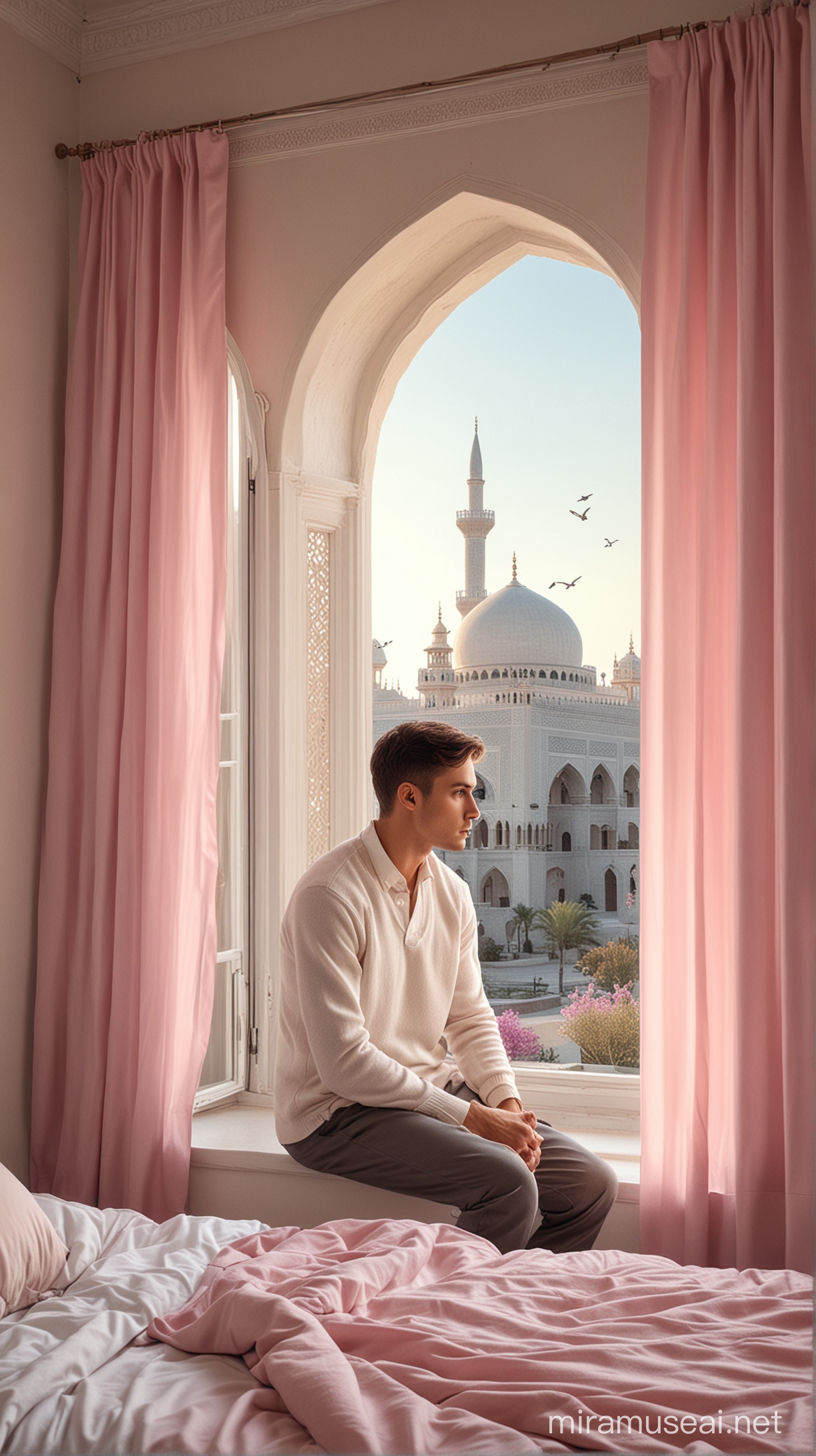 Serene Young Man by Bedroom Window Overlooking Mosque