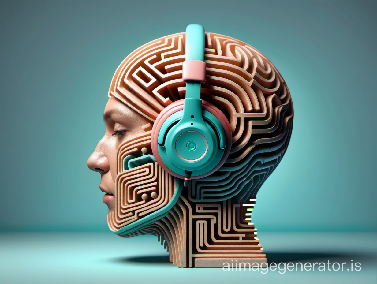 A human head with a labyrinth as a brain and using headphones side view
