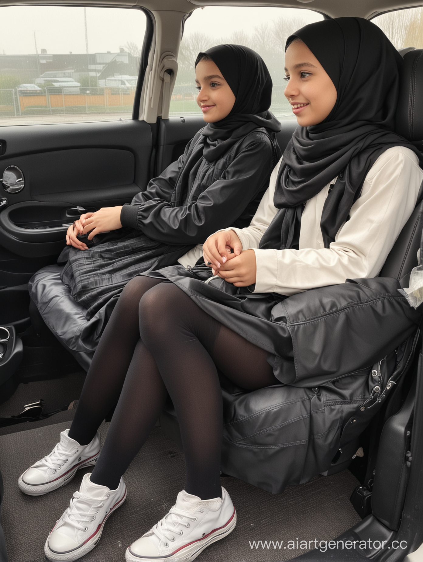 Two little girls, 12 years old, hijab, mini school skirt, black opaque tights, sits on the car seat , from the side, pov, white converse shoes
