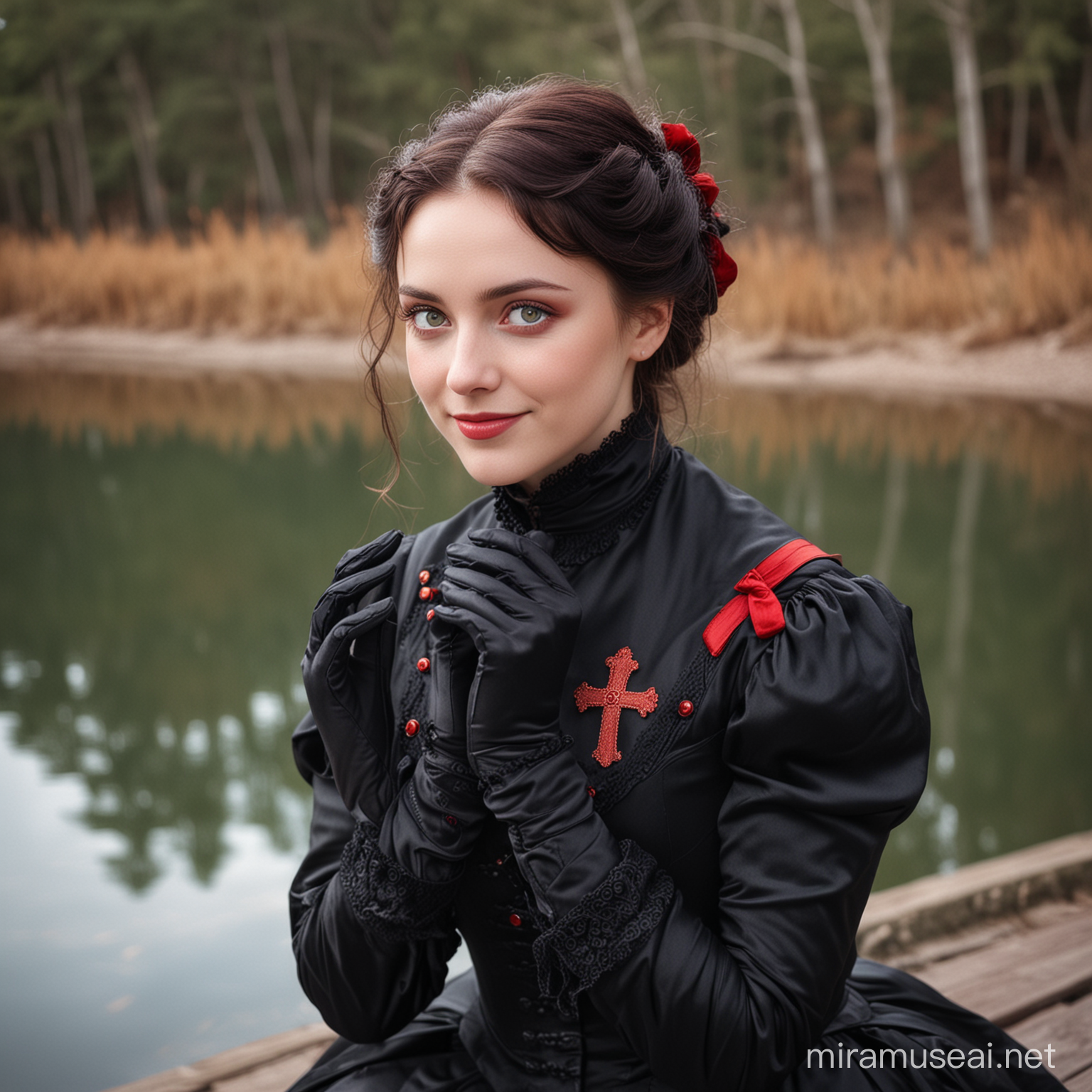 A woman dressed in black Victorian clothes, her hair is big and red, her eyes have heterochromia, she wears a coat with a cross on her neck, her face is cute and smiling, on her hands are black silk gloves up to the forearm, she is sitting looking at a lake with a distracted expression