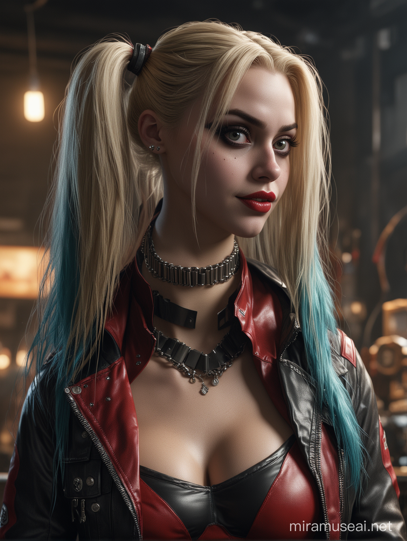 photorealistic dark Harley Quinn with really extremely long hair. the Bitcoin mining industry::5 photorealistic futuristic style::4 symbolism of innovation and digital currency::3 stunning lighting, breathtaking details, high resolution::2 --ar 16:9 --s 250. Oil painting