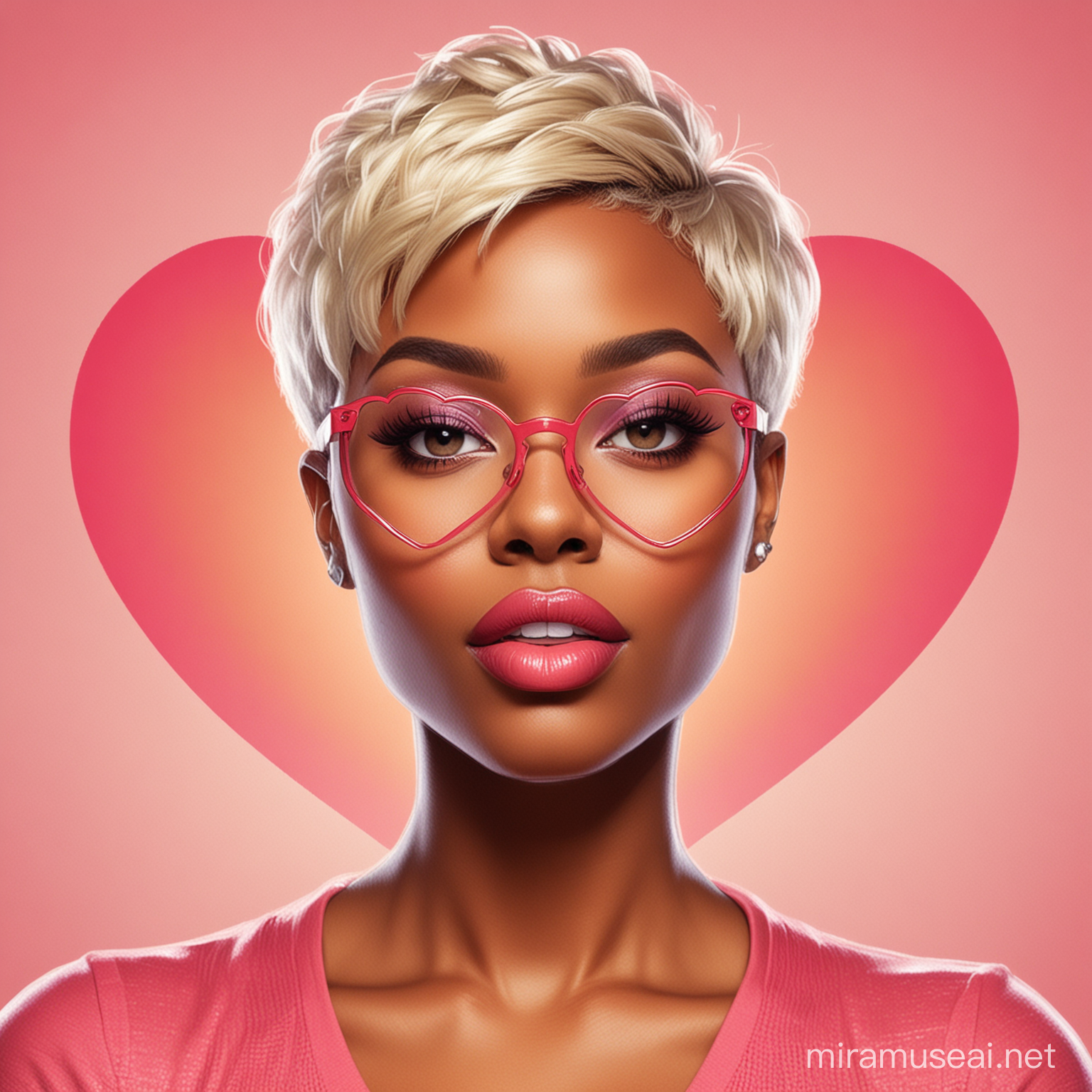 an illustrated depiction of an African American woman in her mid-30s with a short pixie blonde haircut. She could be wearing heart-shaped glasses, showcasing her big lips, and having a great figure. The illustration could be vibrant and dynamic, embodying the essence of the channel's diverse and engaging content. The background could be a blend of colors representing various topics like reality TV, global news, culture, and food to reflect the channel's wide-ranging discussions.
