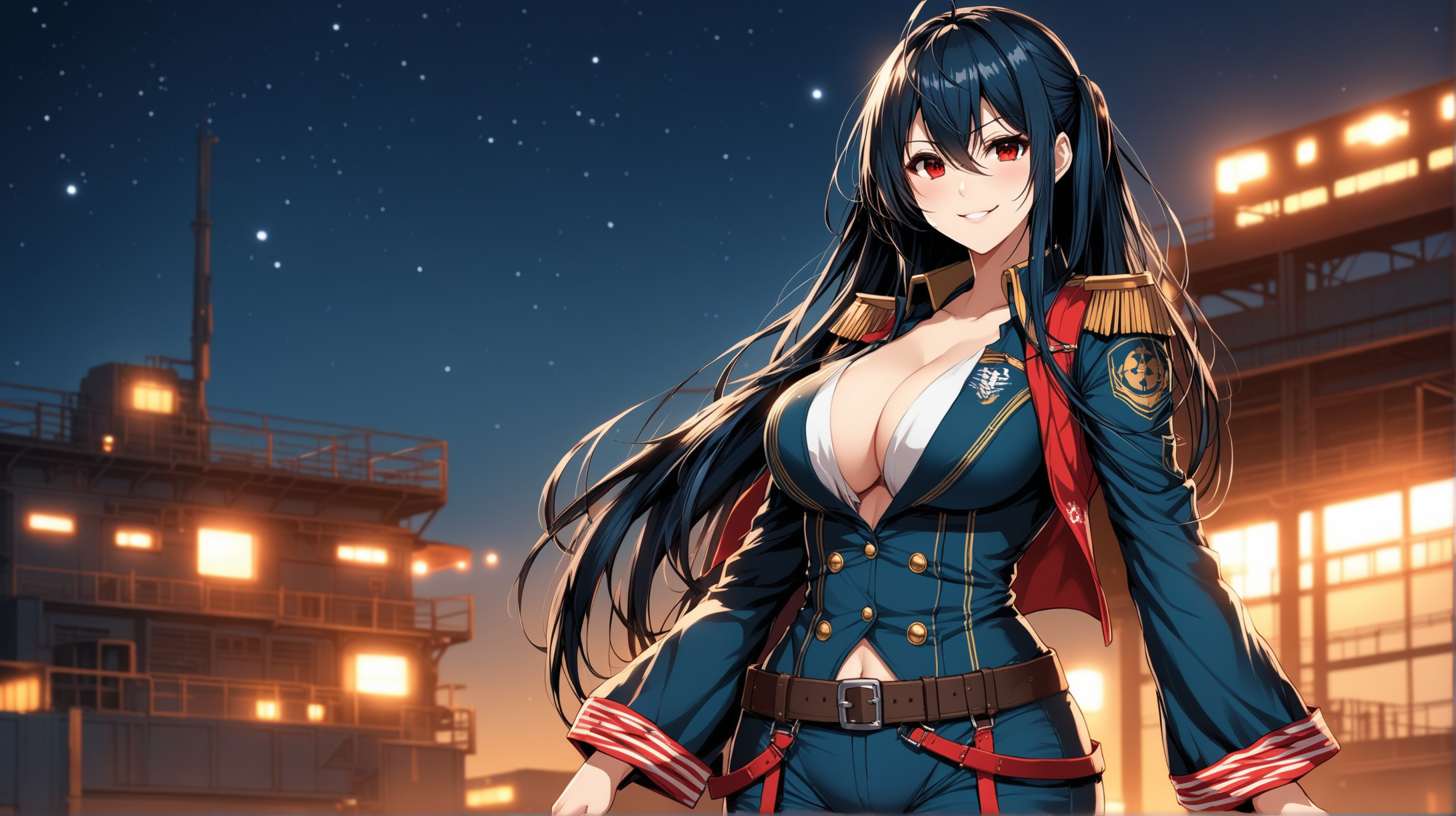 Draw the character Taihou from Azur Lane, long hair, red eyes, high quality, outdoors, at night, cowboy shot, in a confident pose, wearing an outfit inspired from the Fallout series, smiling at the viewer
