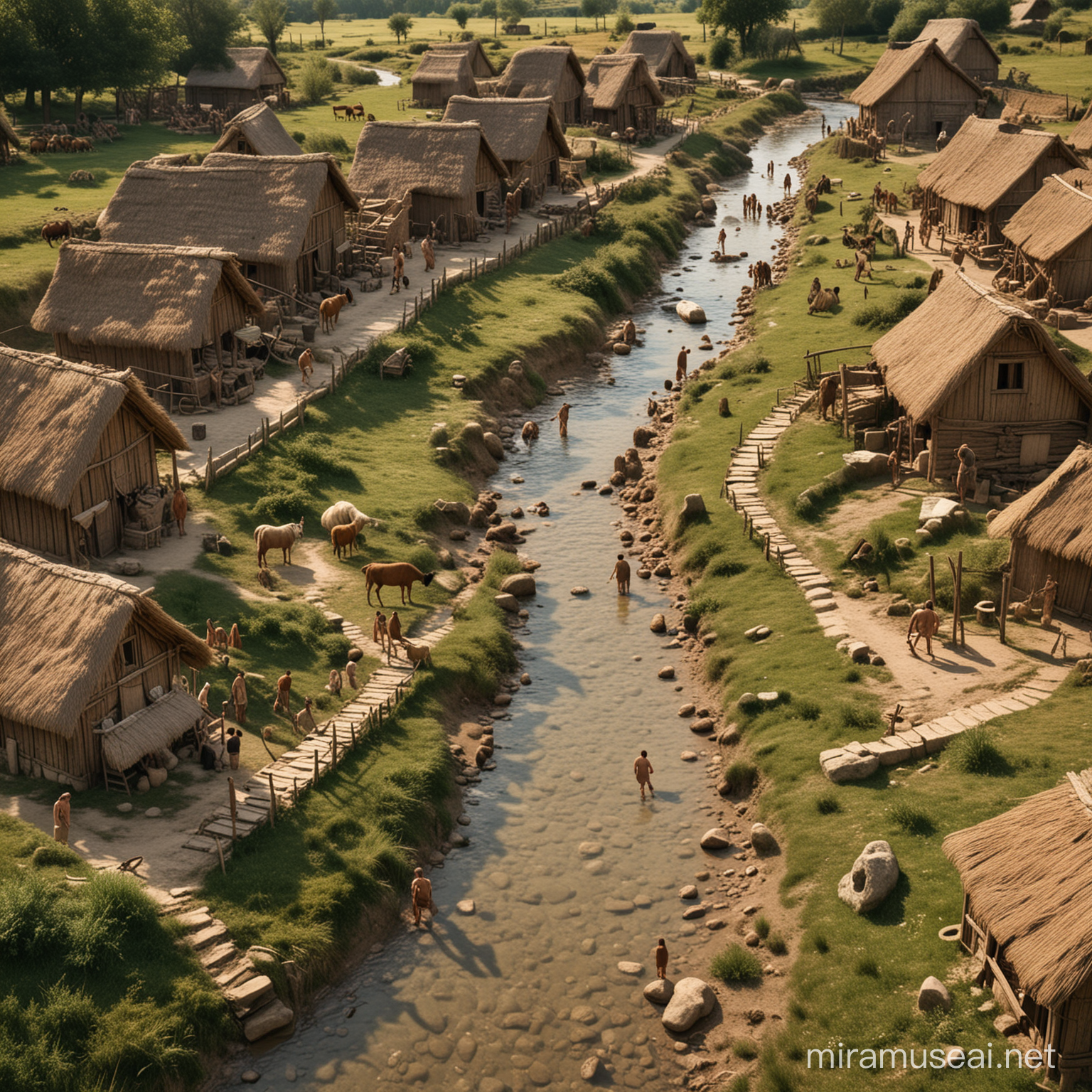 A small village in 10,000 BC. Location Central Europe. People doing historically correct activities. There is a small stream in the village. There are animals, too. 