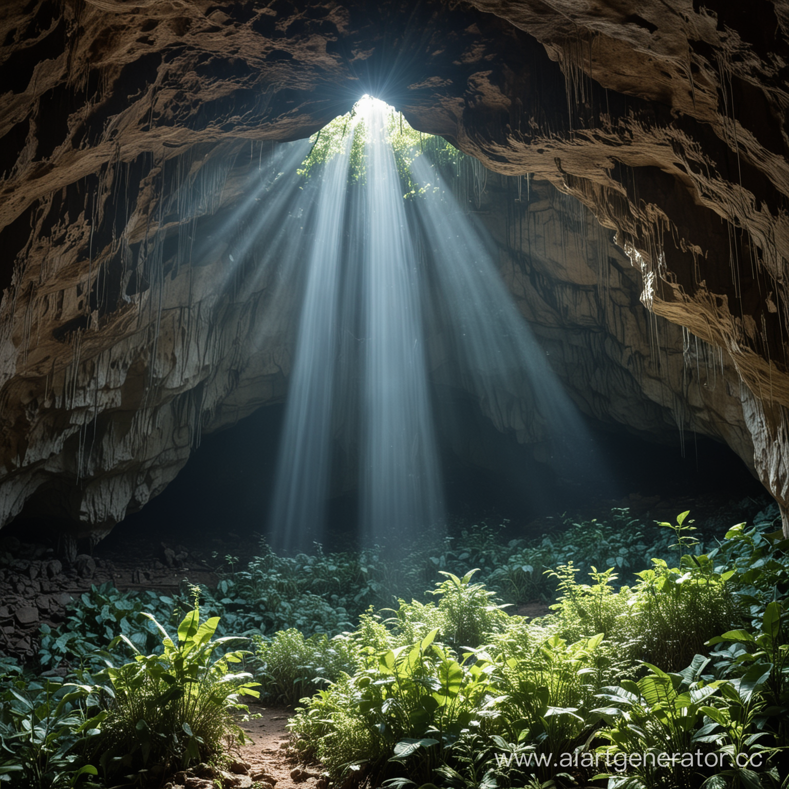 Большая пещера наполненная растительностью и деревьями, а с верху пробивают тусклые синеватые лучи света из небольшого отверстия