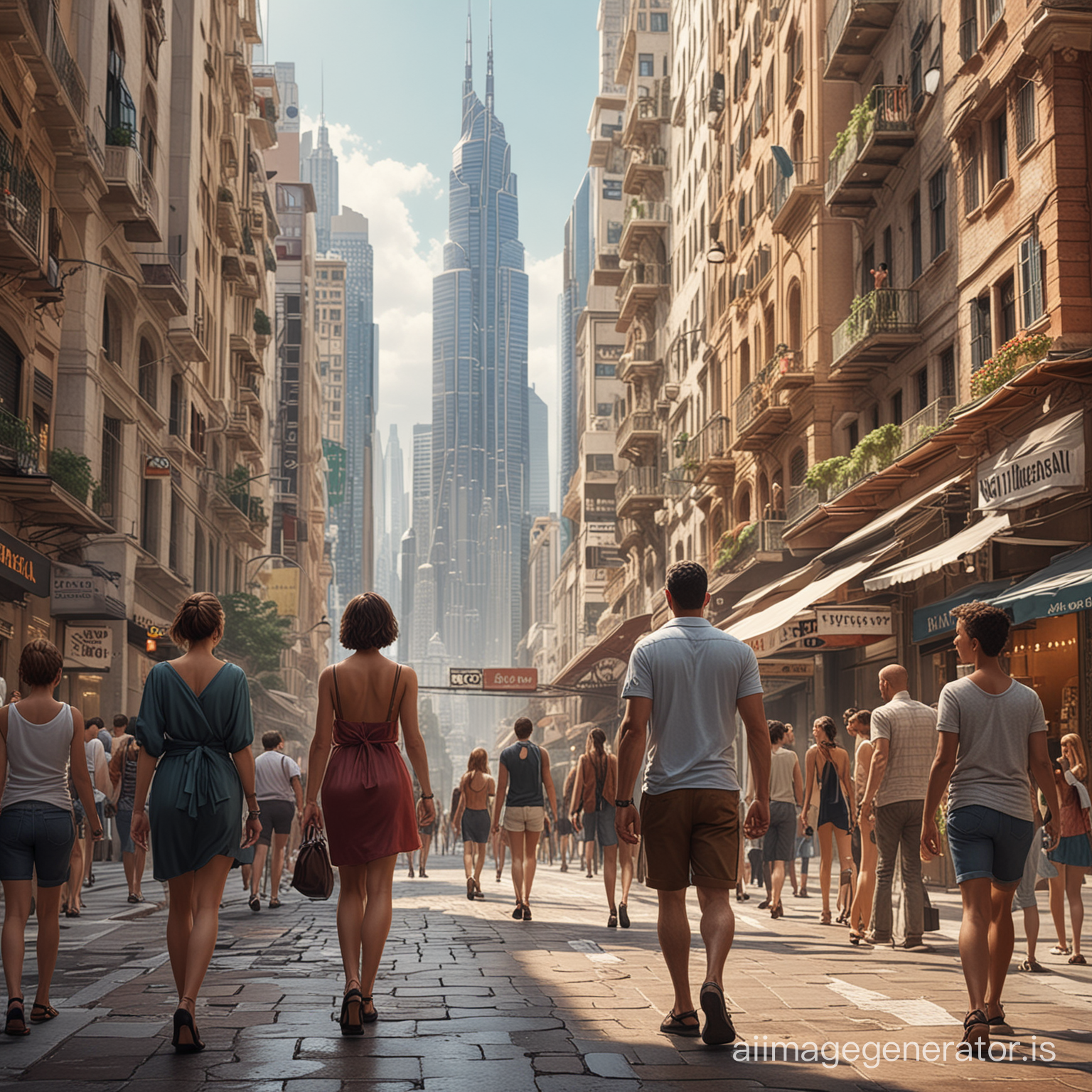 mediterranean city midtown up close with skyscrapers, realistic humans and fashionable clothes
