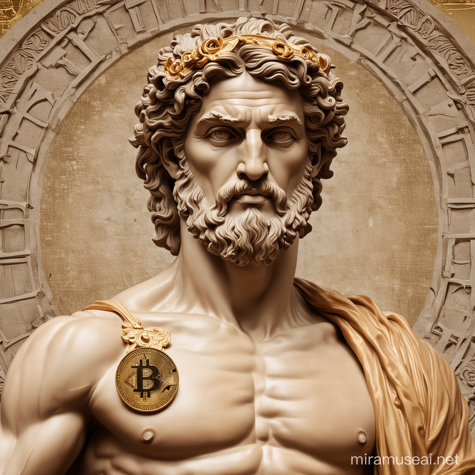greek god with bitcoin as a background. make the bitcoin large