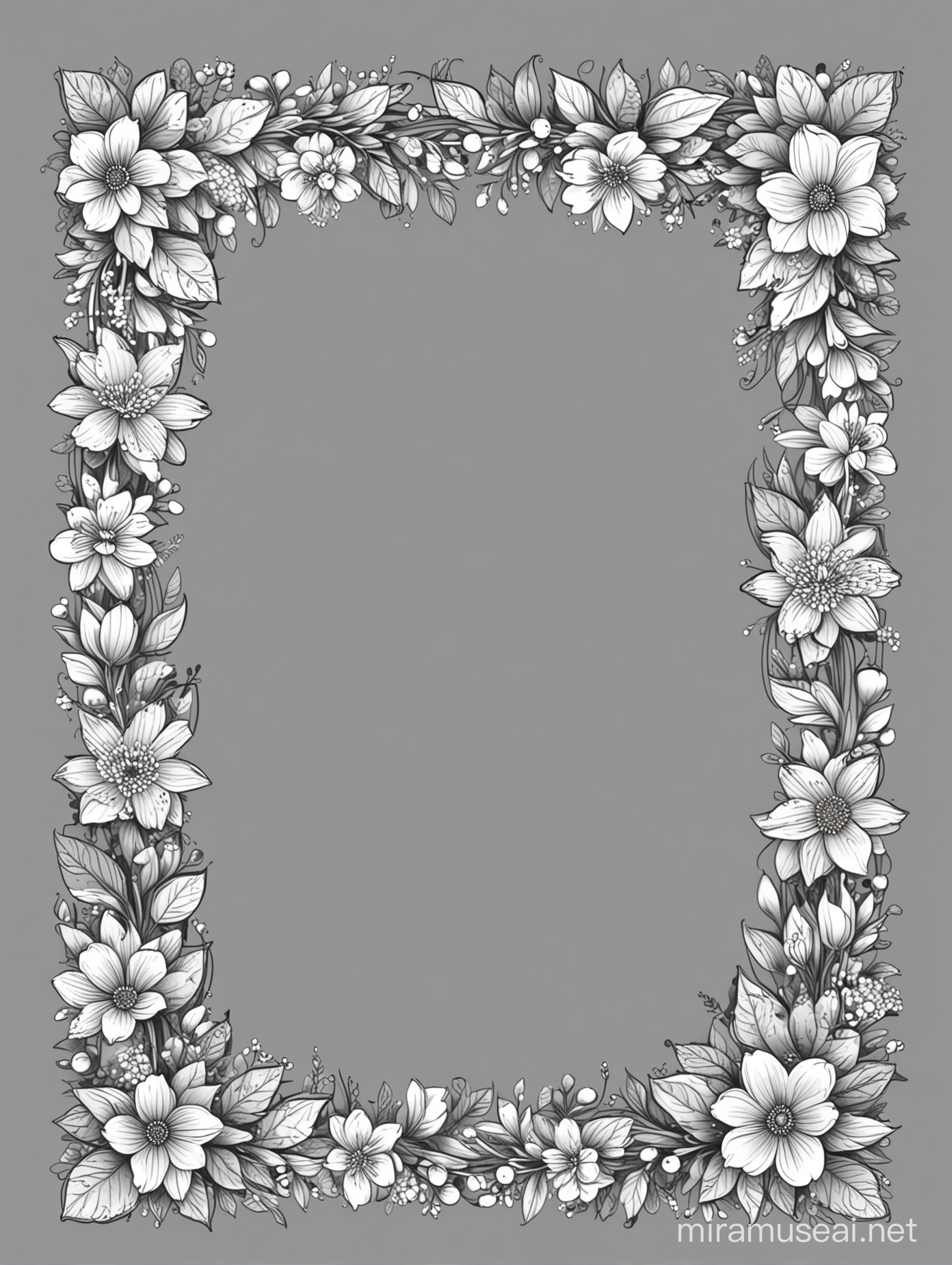 Cartoon Floral Garland Sketch in Black and White