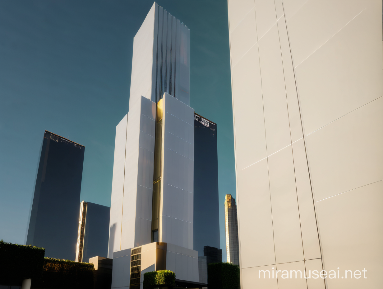 Urban Oasis Skyscraper Base with Green Spaces at Golden Hour