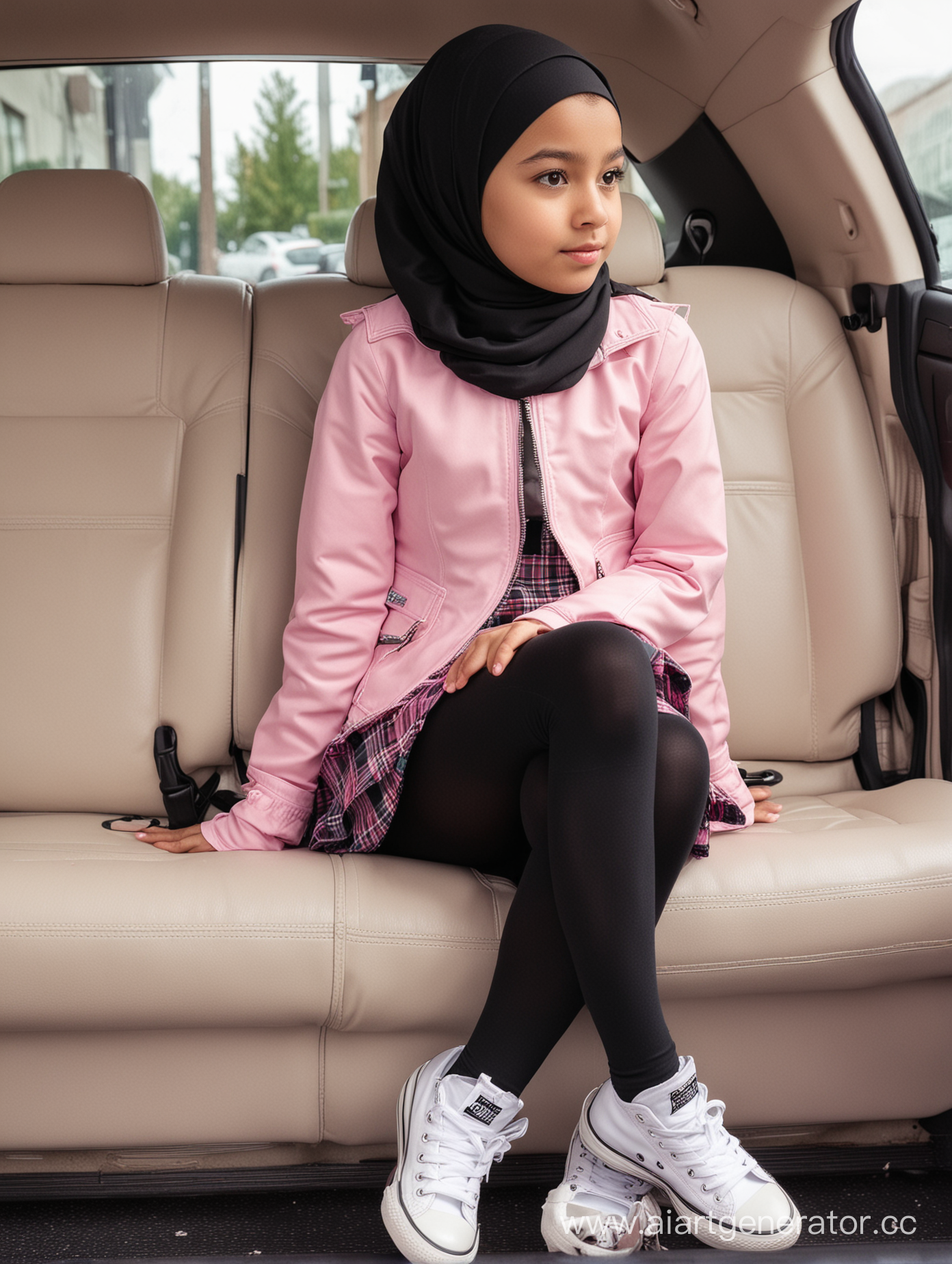 A little girl, 12 years old, hijab, mini school skirt, black opaque tights, sits on the car seat , from the side, pov, white converse shoes, high detailed, pink jacket