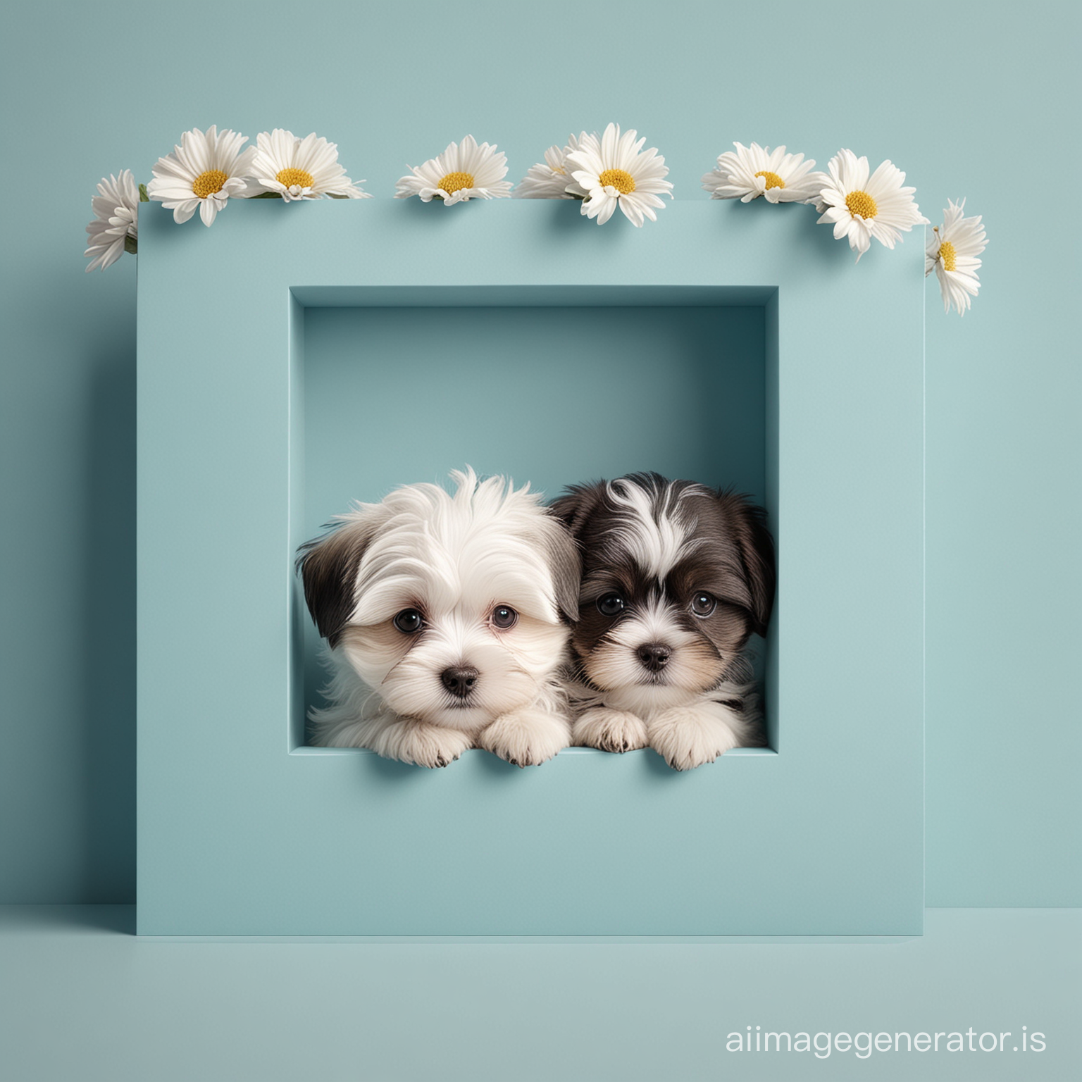 Spring Various colors Teacup Havanese peeking through a hole on Sky blue paper wall with copy space, Various colors Teacup Havanese on right or left side , banner design. High quality , photorealistic