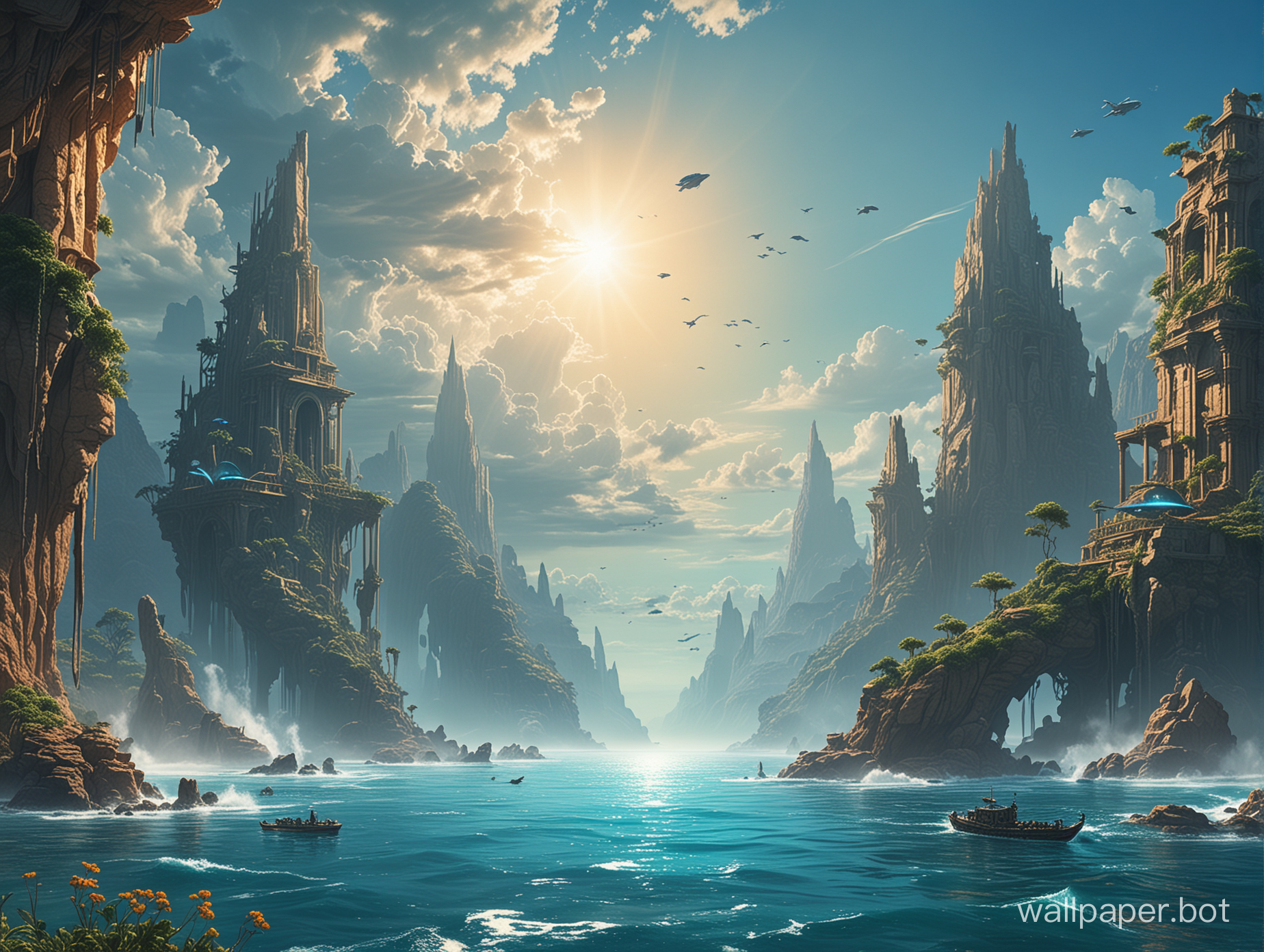 sci fi landscape distant blue horizon beach ocean ancient alien ruins overgrown with plant life, machine structures still brimming with energy lush desert mountain cliffs futuristic temples sun distant clouds sun in the middle of the sky, more blue water, floating flying castle, flying floating whales ocean deep blue