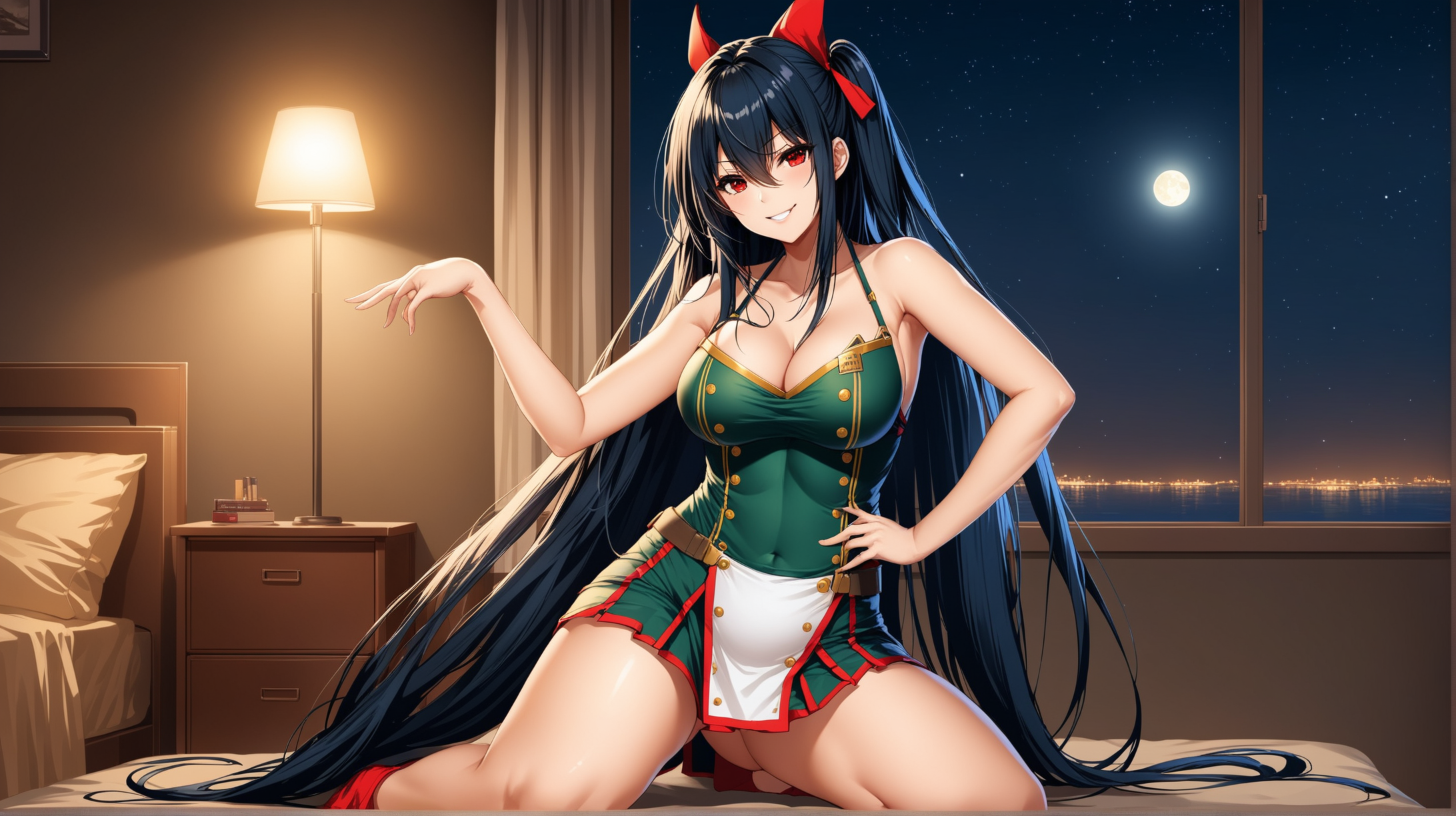 Draw the character Taihou from Azur Lane, long hair, red eyes, high quality, indoors, at night, in a nonchalant pose, wearing an outfit inspired from the Fallout series, smiling at the viewer