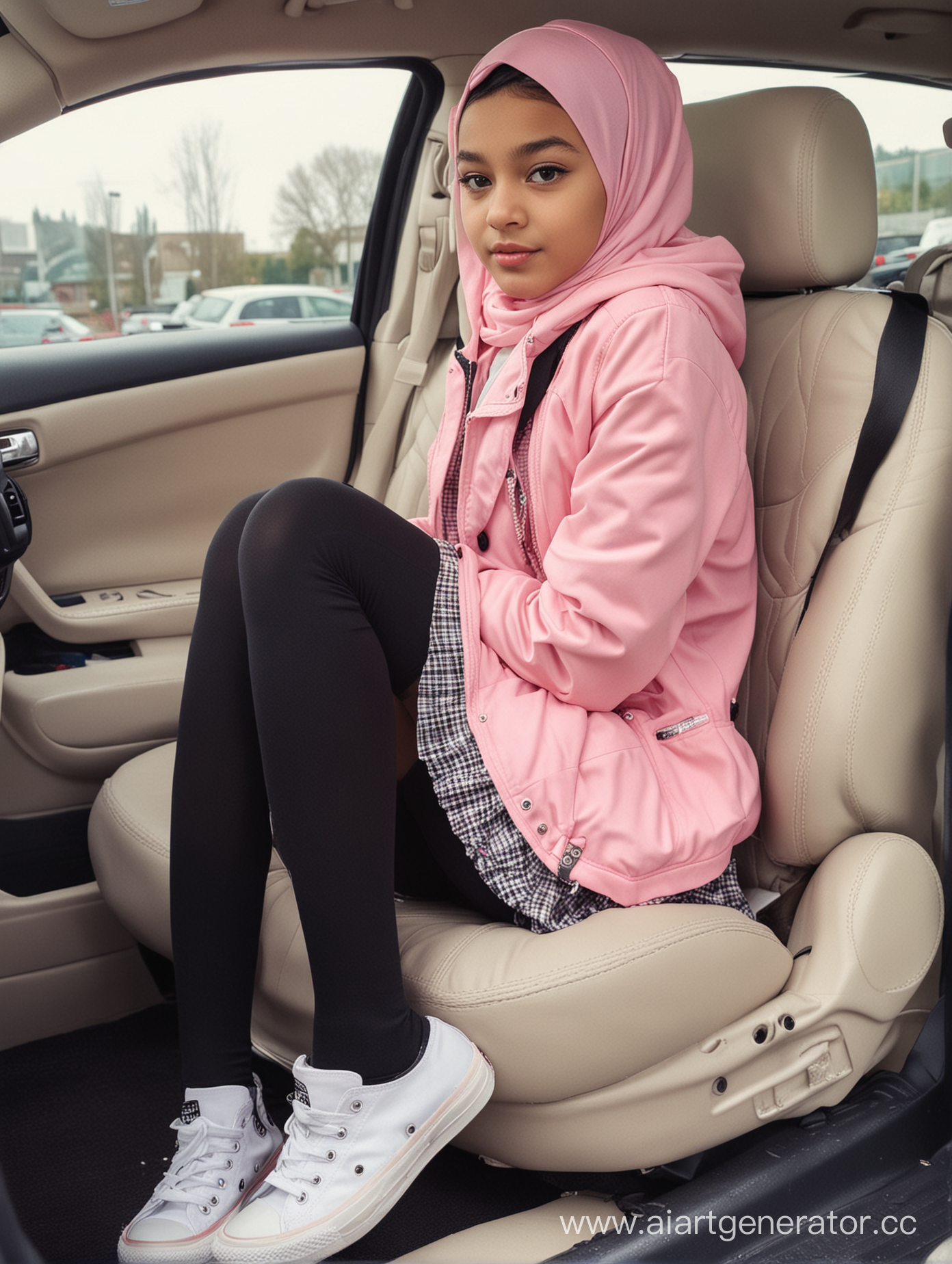 A little girl, 12 years old, hijab, mini school skirt, black opaque tights, sits on the car seat , from the side, pov, white converse shoes, high detailed, pink jacket, screaming