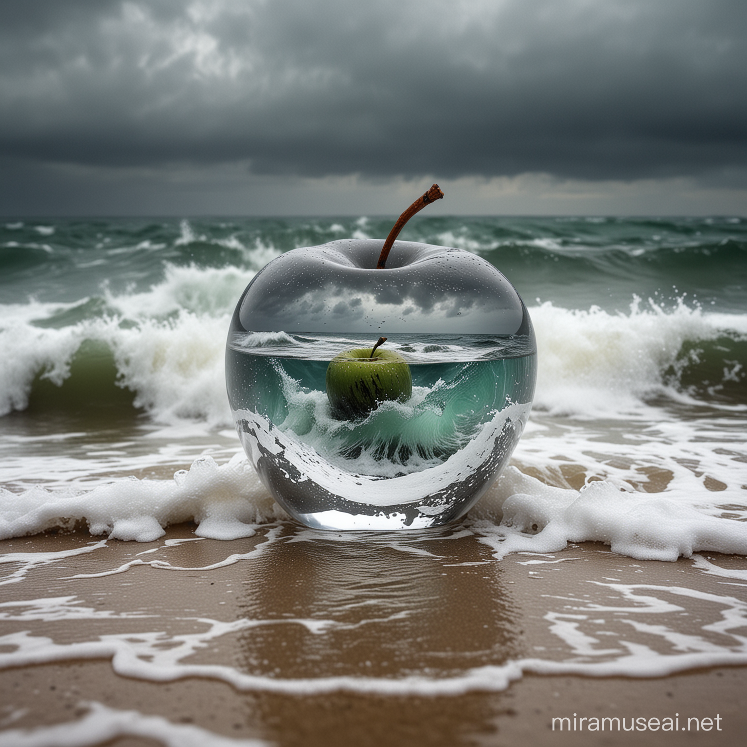 Imagine a photograph capturing an extraordinary and surreal subject: a transparent apple, crystal clear and perfectly formed, revealing a highly detailed, tumultuous miniature sea raging within. The apple sits boldly in the center of the frame, its smooth, glass-like surface reflecting light and offering a window into the dynamic scene inside. Within, the stormy sea is a marvel of miniaturization - tiny waves crest and crash with realistic ferocity, and if one looks closely, minute flashes of lightning and swirls of wind can be discerned, adding to the tempest's drama. The background of the photo is intentionally simple, perhaps a soft, neutral color or a subtle gradient, ensuring that all attention is drawn to the striking contrast between the serene exterior of the apple and the wild, chaotic seascape it contains. The lighting is key, illuminating the apple in a way that highlights the intricate details of the storm inside while maintaining the overall clarity and impact of the image.