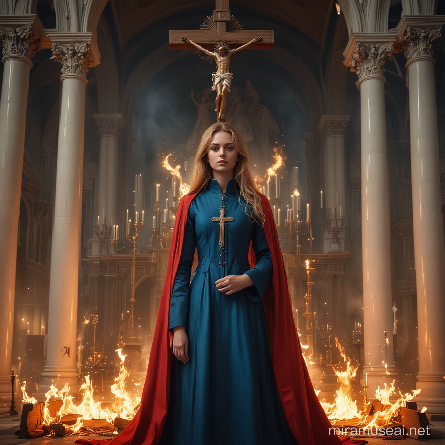 Diabolical Teenage Empress Goddess on BloodStained Altar in Giant Church