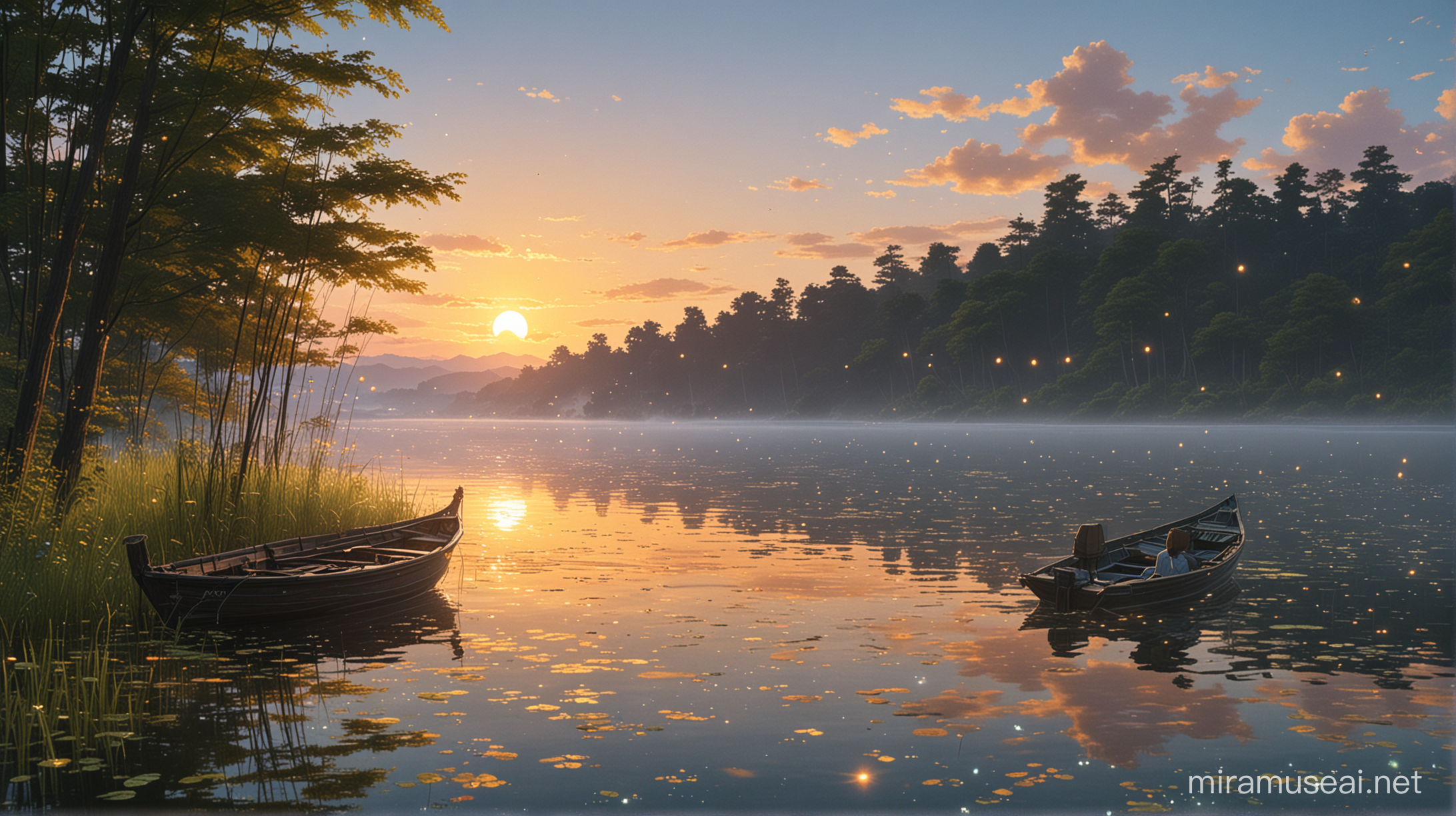 Majestic Lake Sunset with Fishing Boat and Fireflies