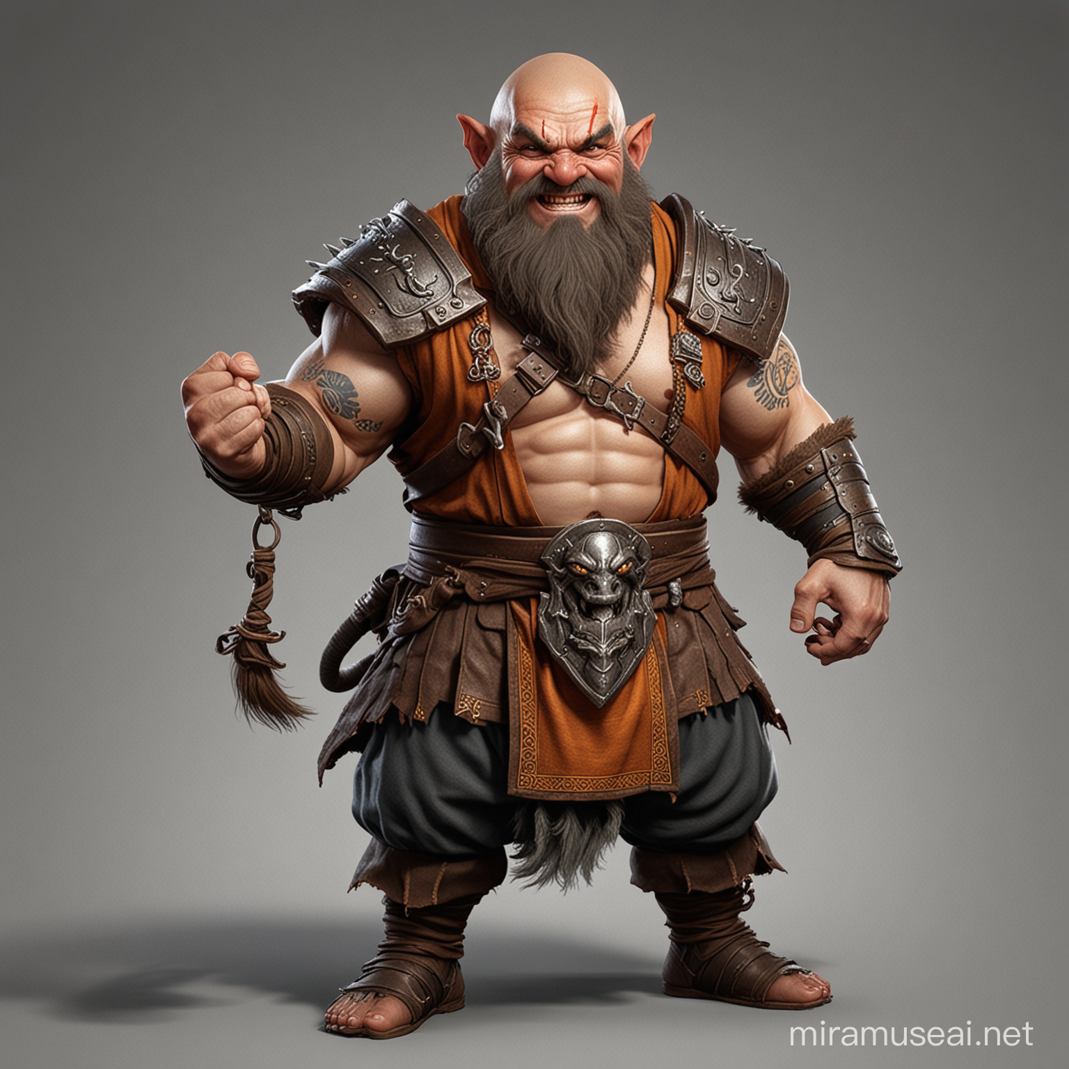 dwarf monk, strong, smirking, fighting stance, fully dressed, dragon theme