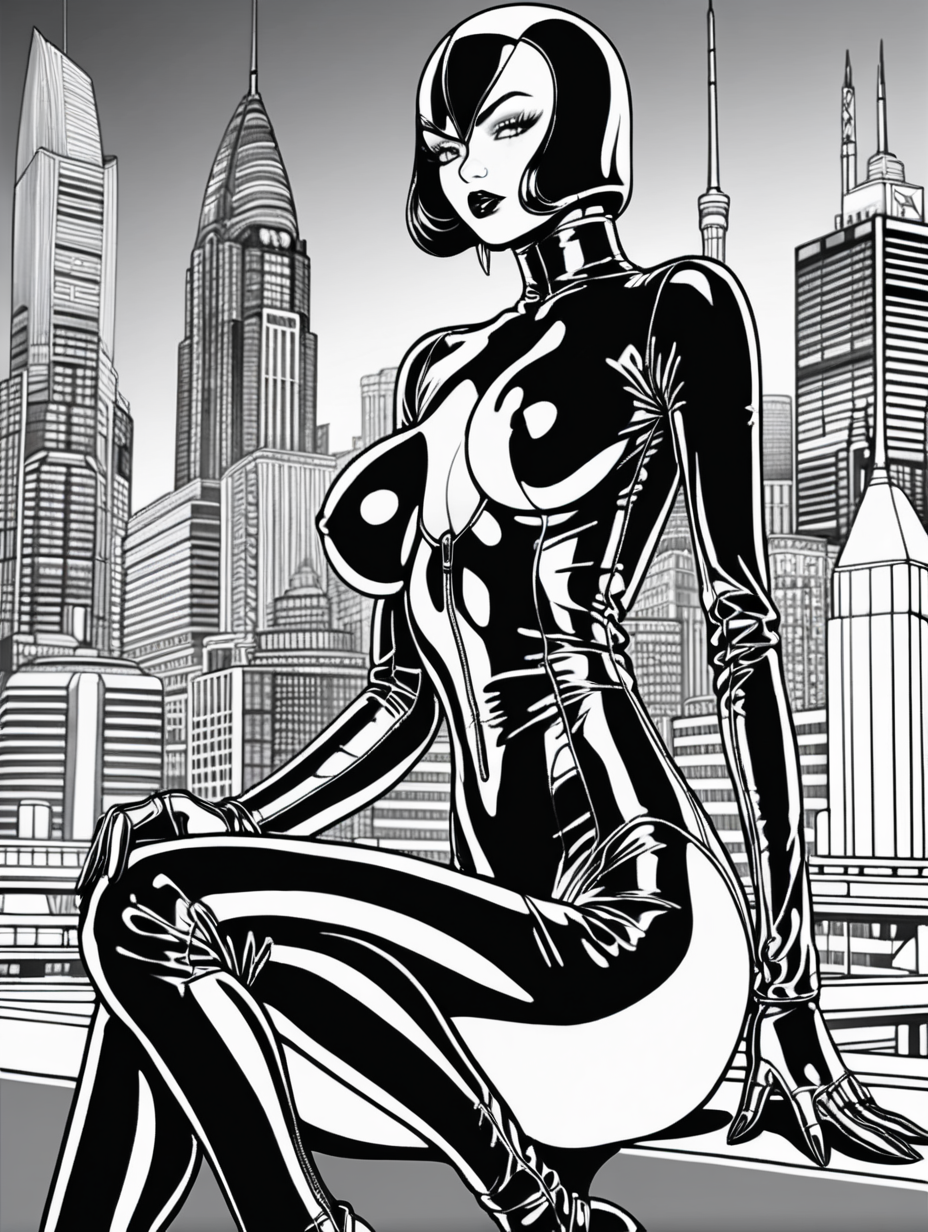 Adult Coloring Book, female domination,  SITTING
, LATEX GIMP, erotic sexual poses, WEARING FULL LATEX CATSUIT, , sexy, kinky, fetish, Black and White Only, No Shading, no Grey, thick black outline,  futuristic CITY DETAILED BACKGROUND