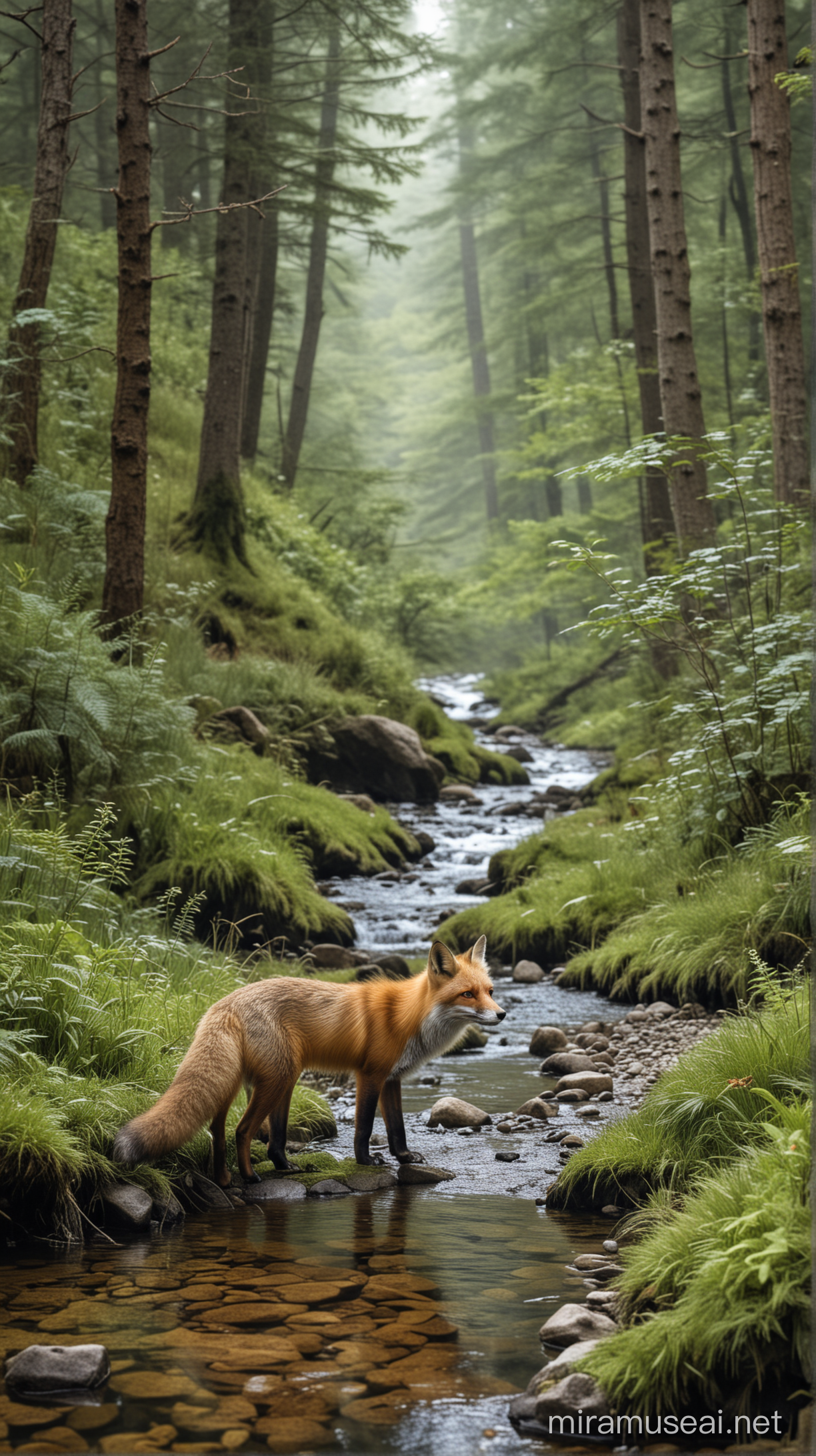 Fox in an alpine forest with a stream nearby