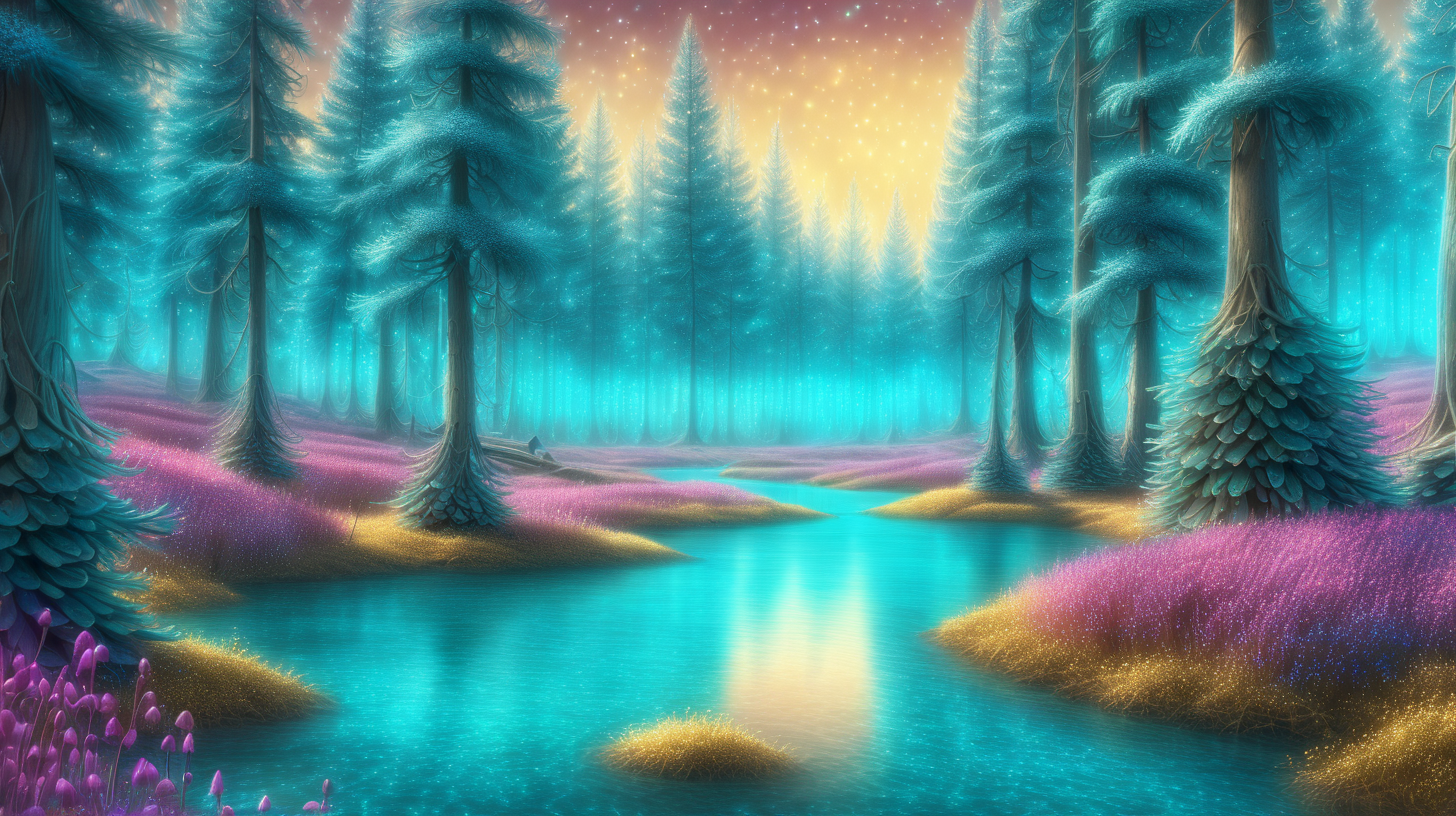 Forest of Bright teal-blue fir trees surrounded by golden dust and small dark pink flowers. Background sky with golden light. 8k, fantasy, fantasy art, glowing blue river. Tiny Glowing mushrooms that grow by the river