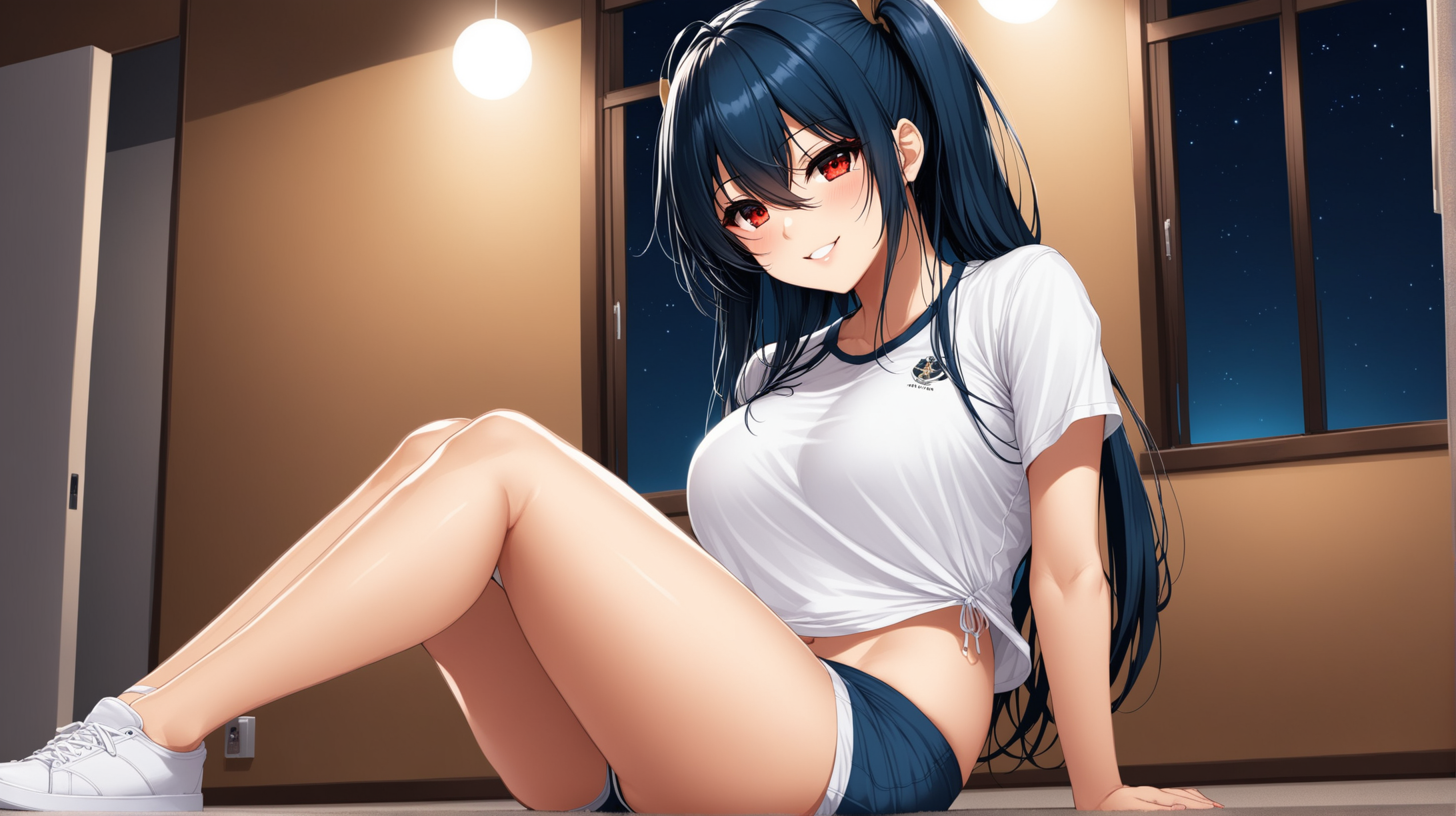 Draw the character Taihou from Azur Lane, long hair, red eyes, high quality, indoors, at night, sitting, low angle, wearing gym shorts and a t-shirt, smiling at the viewer