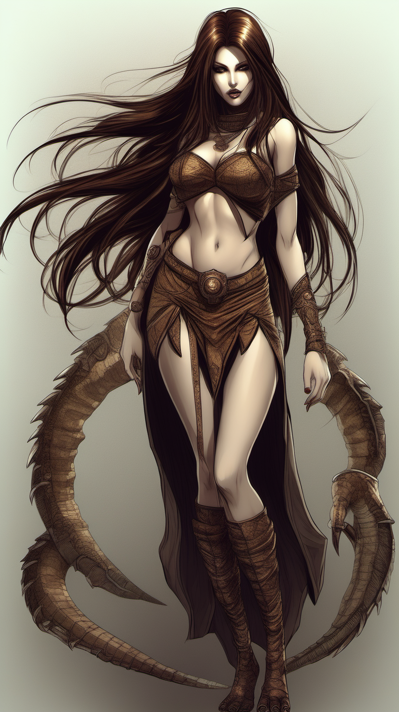 A full body image of a very pretty and sexy Evi girl, with animalistic characteristics such as Sharp nails and long Sharp teeth, sexy curves, and very long and straight brown hair in detailed fantasy style 