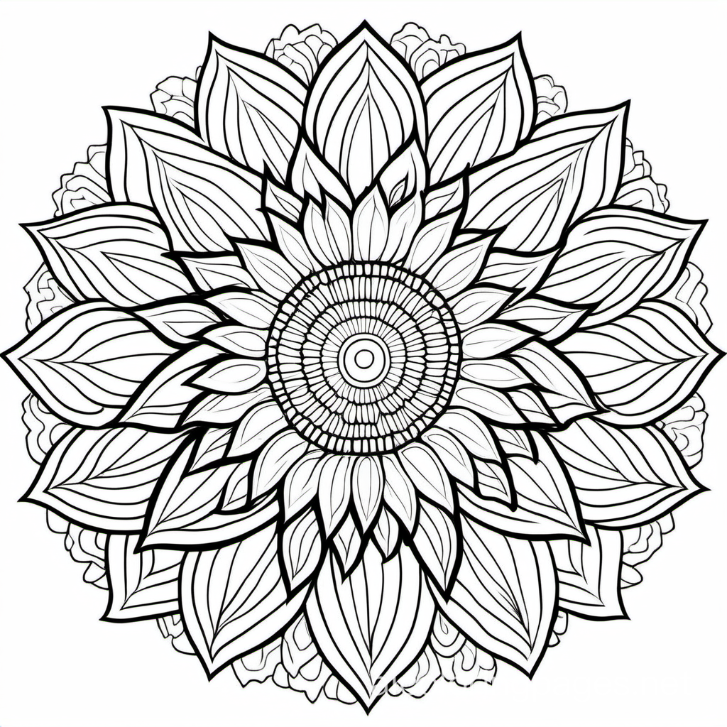 sunflower mandala, Coloring Page, black and white, line art, white background, Simplicity, Ample White Space. The background of the coloring page is plain white to make it easy for young children to color within the lines. The outlines of all the subjects are easy to distinguish, making it simple for kids to color without too much difficulty