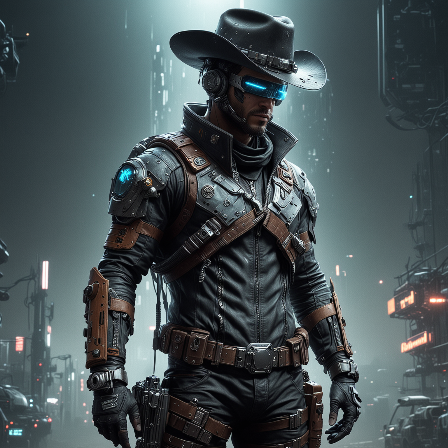 Futuristic Cyberpunk Astronaut Cowboy in Neon Cityscape