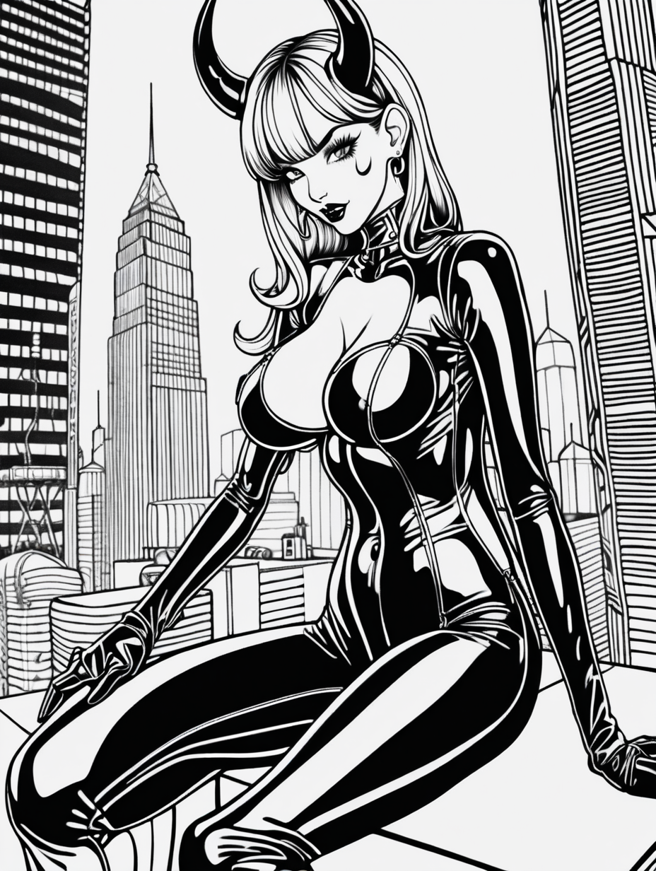 Futuristic Cityscape Female Dominatrix in Latex Catsuit