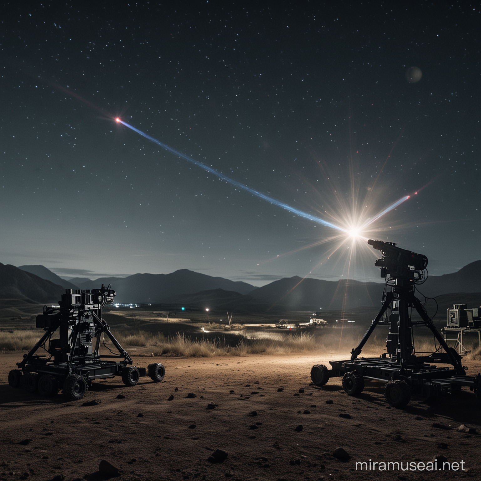 military drill involving firing of laser weapons at night, in a remote location, realistic military equipment, HD.
