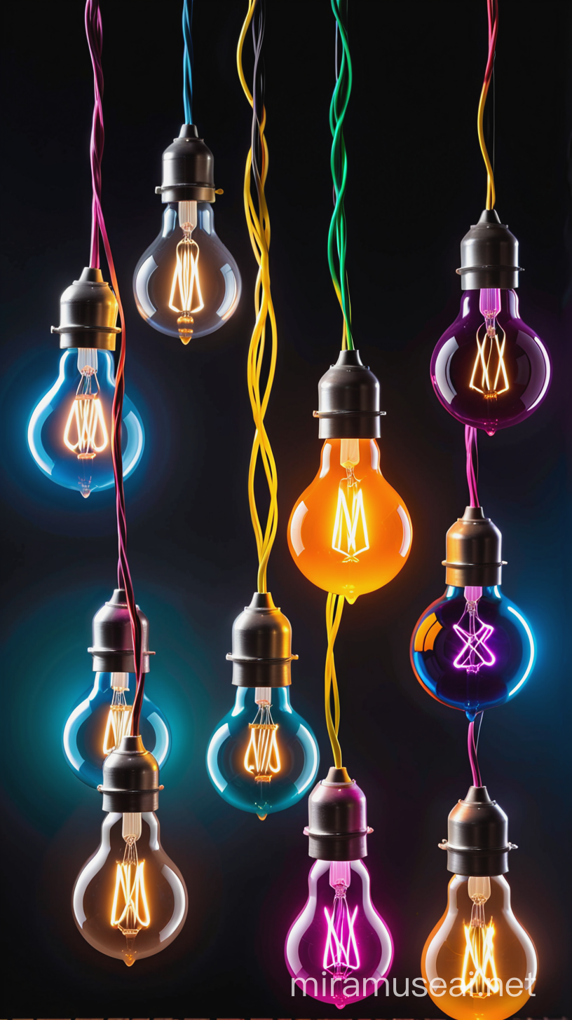 Several bulbs of all different shapes, colours and sizes with the same shaped filament inside are hanging on a wire powered by the same electricity source, which is visibly giving them all their power to be light. 