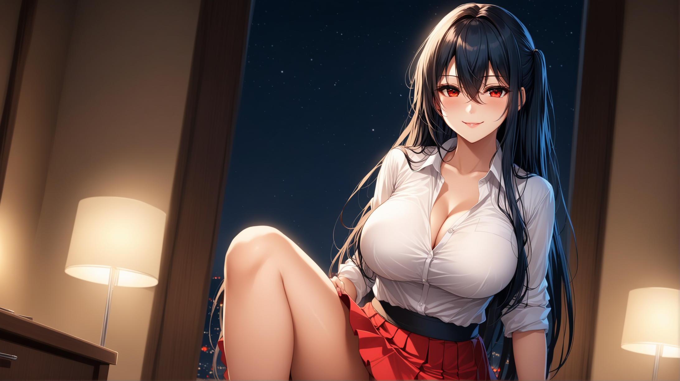 Draw the character Taihou from Azur Lane, long hair, red eyes, high quality, indoors, at night, dim lighting, seductive, low angle, wearing a skirt and shirt, smiling at the viewer