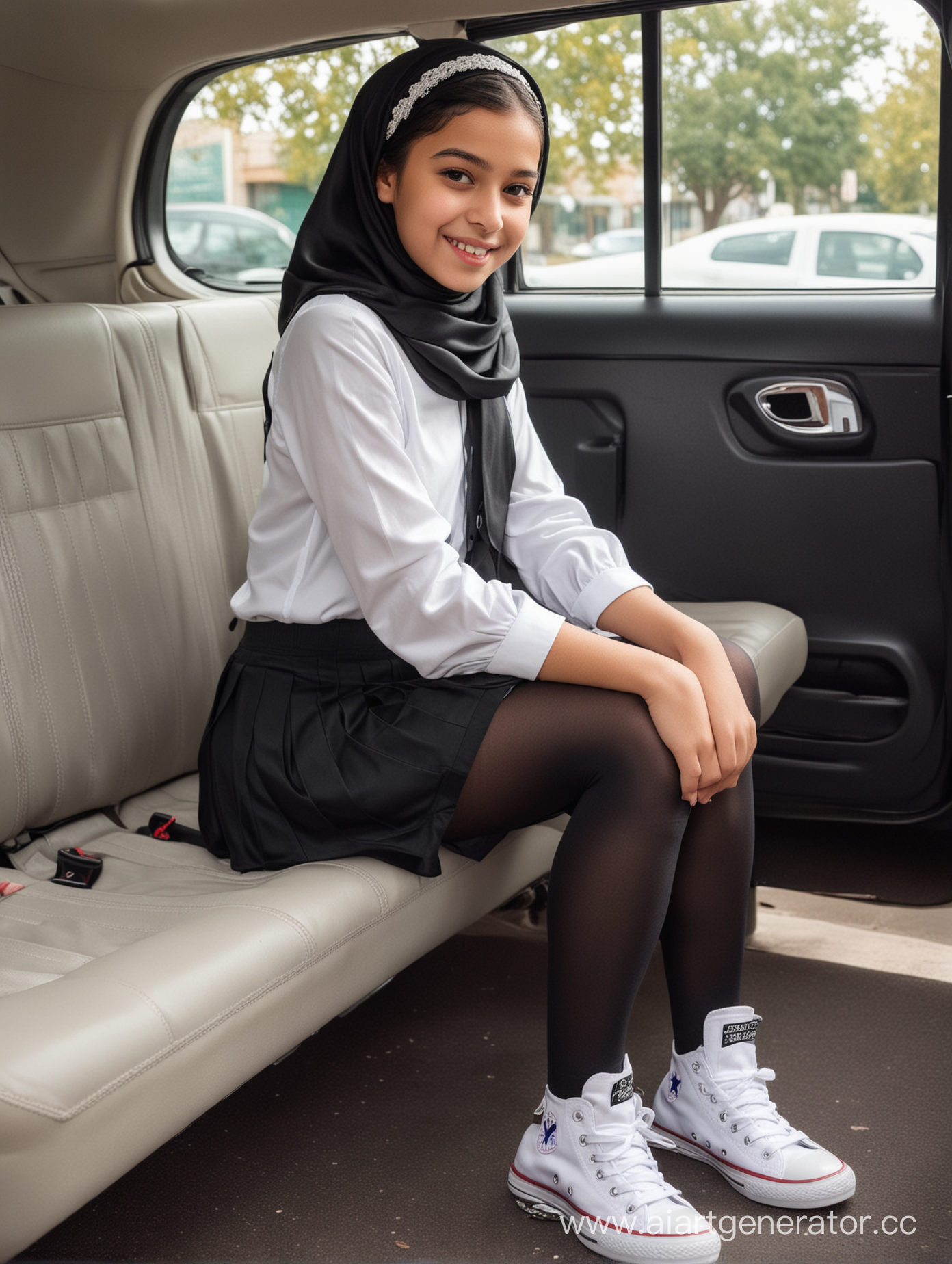 A little girl, 12 years old, saten hijab, mini school skirt, white short converse shoes, school uniform, black opaque tights, sits sideways in the car, slim legs, plump lips, elegant pose, smile,