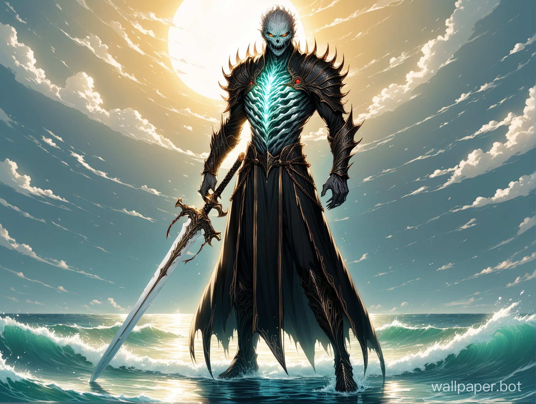 1 boy, stand on ocean, wearing a black dress  , sharp expression, sunny, high details, perfect face, natural light, have sword black and golden edges glowing wight, red and white eyes, wight hair, full body image, suitable for disc topic img background 