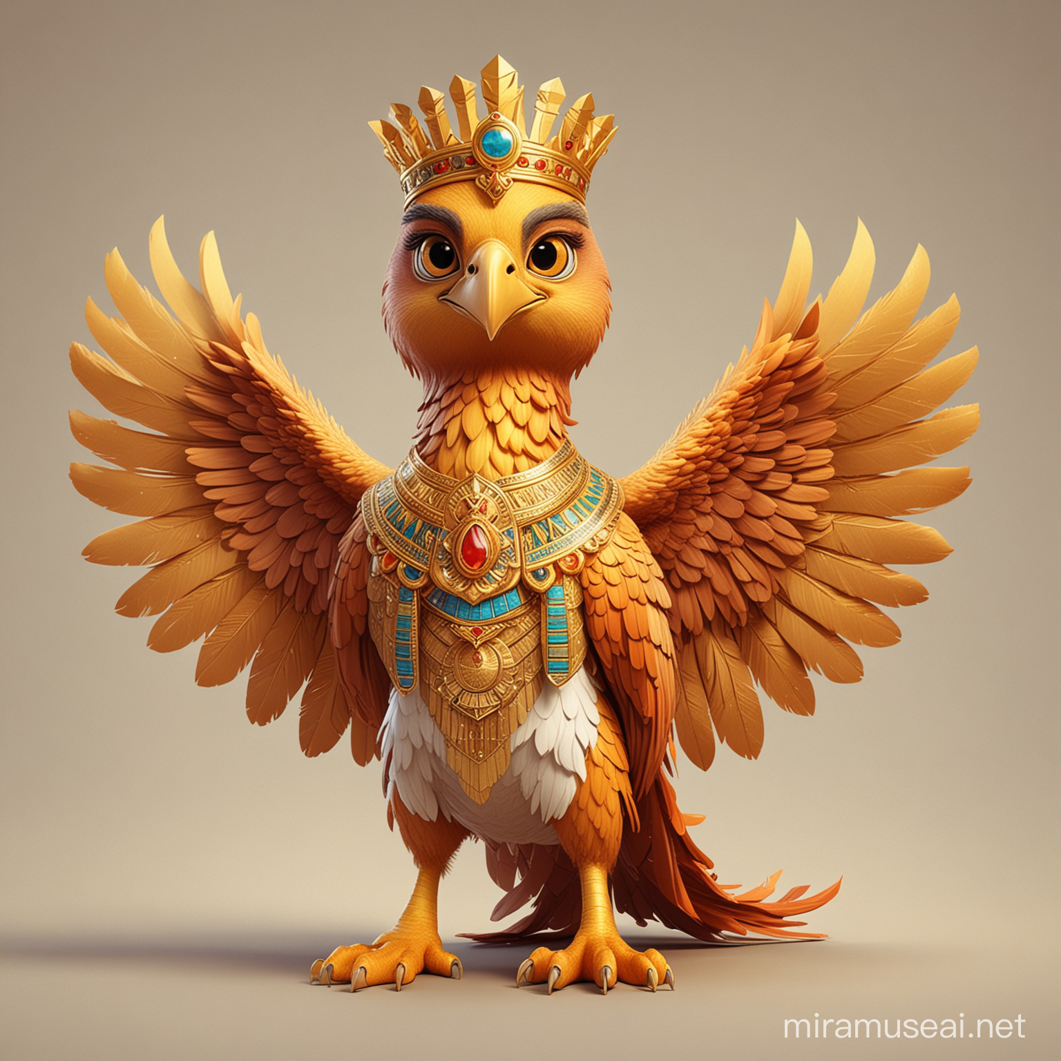 a cute and beautiful phoenix in cartoon style in full body with Pharaoh with crown clothes with clear background representing a rich and wealthy investment fund.
