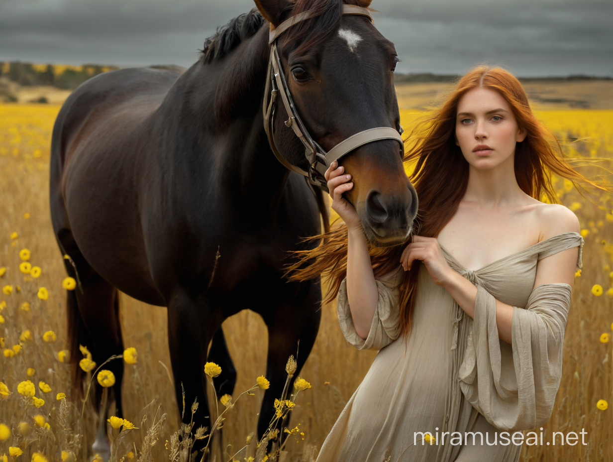 nude  muse..with long auburn hair..  holding the ranges of her horse in yellow field.. {John William Waterhouse}