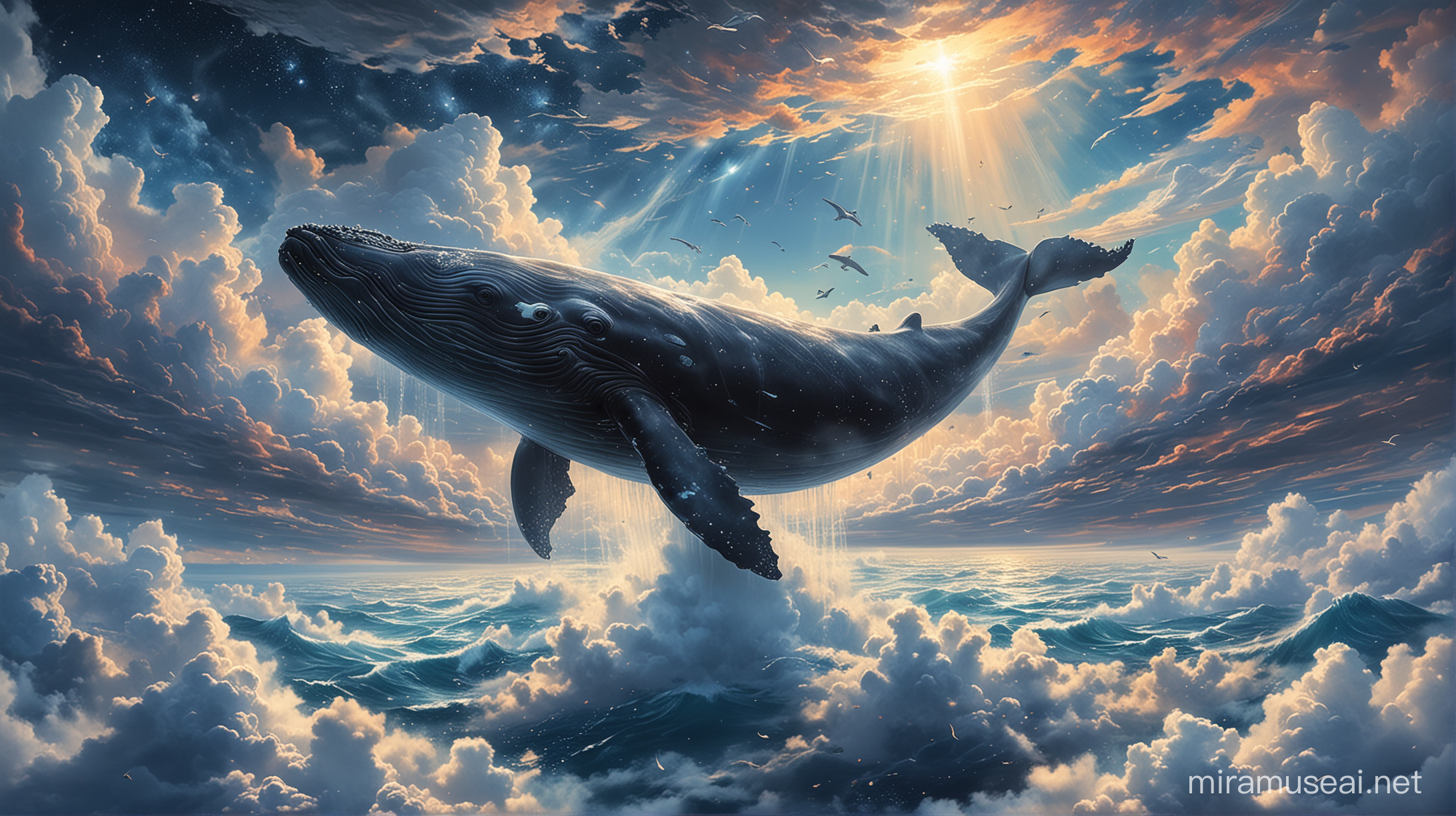 在无边无际的云海中，一只巨大的鲸鱼正在自由自在地翻身。它的身躯在云海中如同一座庞然大物，随着云海的翻卷，它展示着自己的优雅动作。与此同时，天空中繁星点点，星星的光芒在云海的轻盈薄雾中闪烁。整个场景仿佛是一幅神秘而壮美的画面，唤起人们对自然奥妙的无限想象。