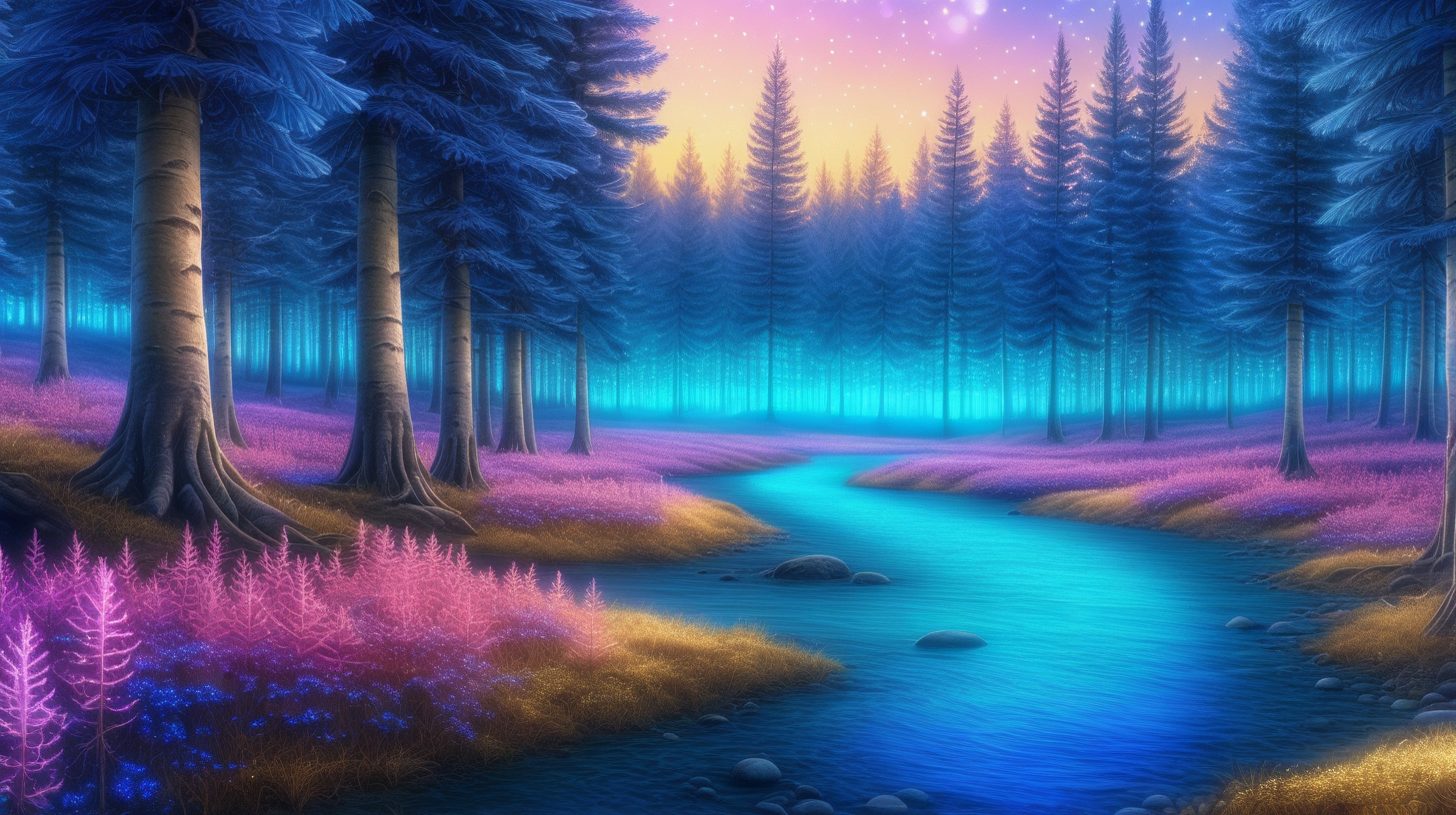 Enchanted Forest Glowing Blue River and RoyalBlue Fir Trees