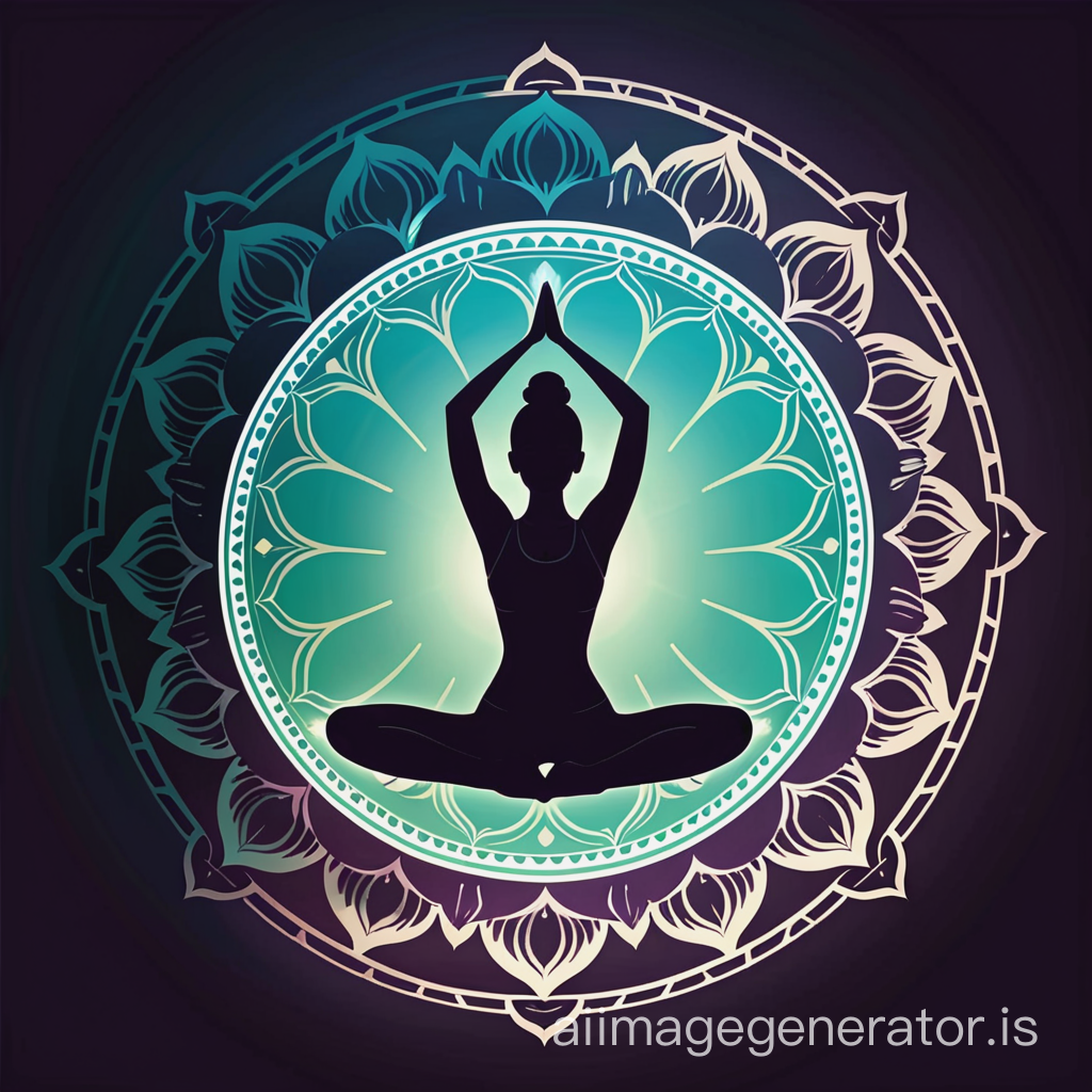 Circular Logo of a silhouette women doing yoga with a mandala background 