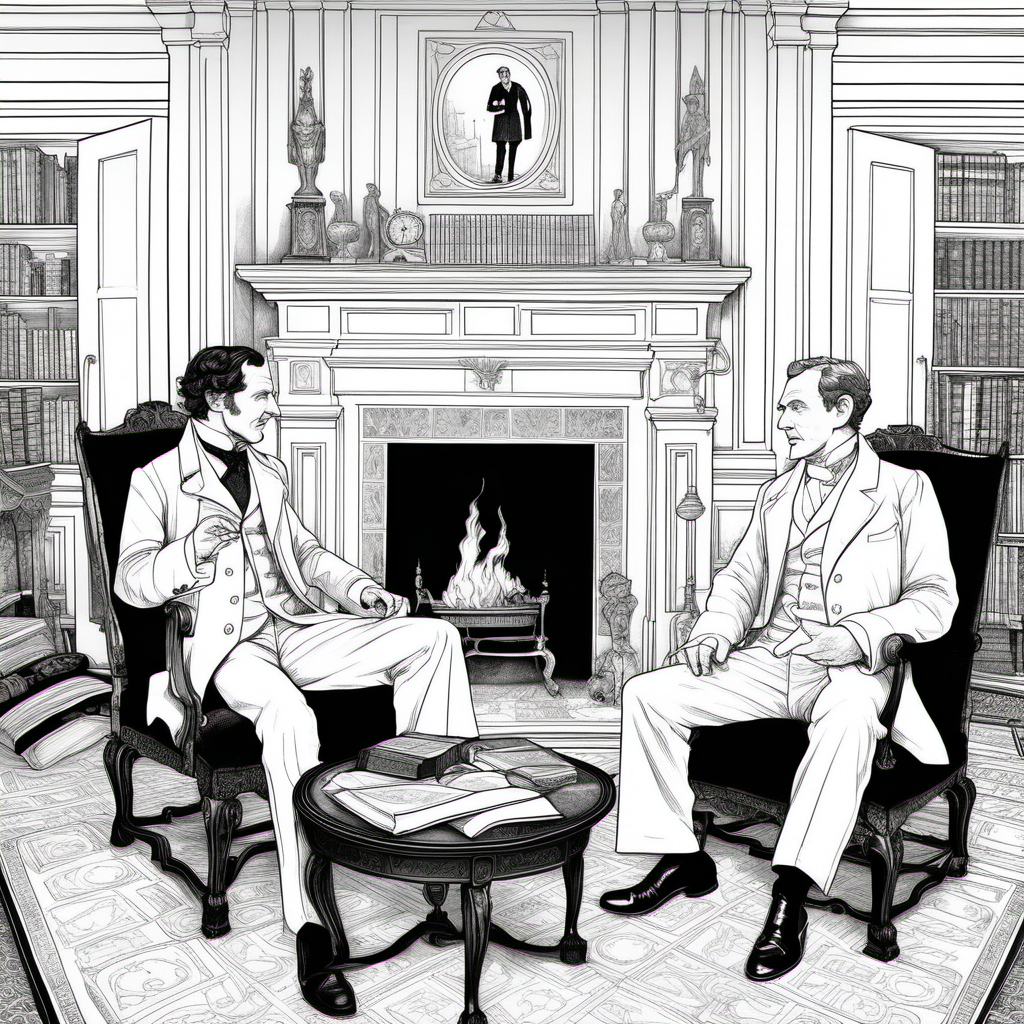 black and white drawing of sherlock holmes dressed in white and dr.  watson dressed in white, talking in the drawing room by fireplace, all in white with ALL WHITE BACKGROUND  for coloring
