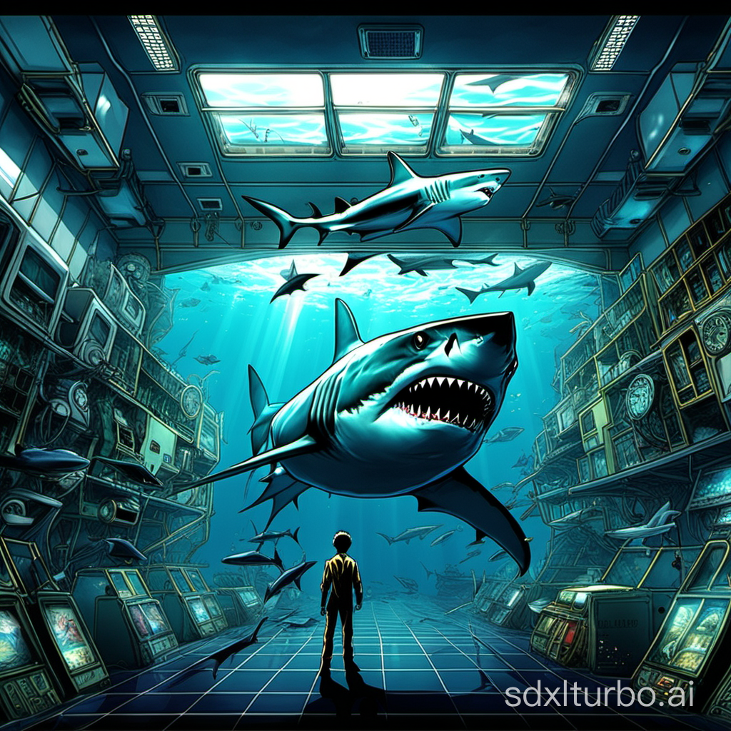 Deep sea, human, shark, science fiction, anime, high-definition,house