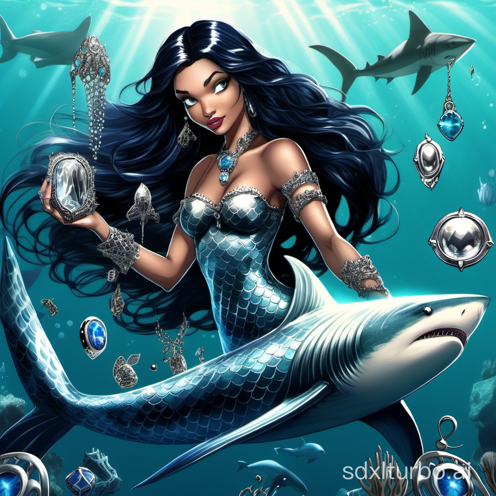 A mermaid with a silver white tail, shiny black hair, and blue eyes. One hand is full of jewelry, and the other hand is holding and inserting it to hunt a shark