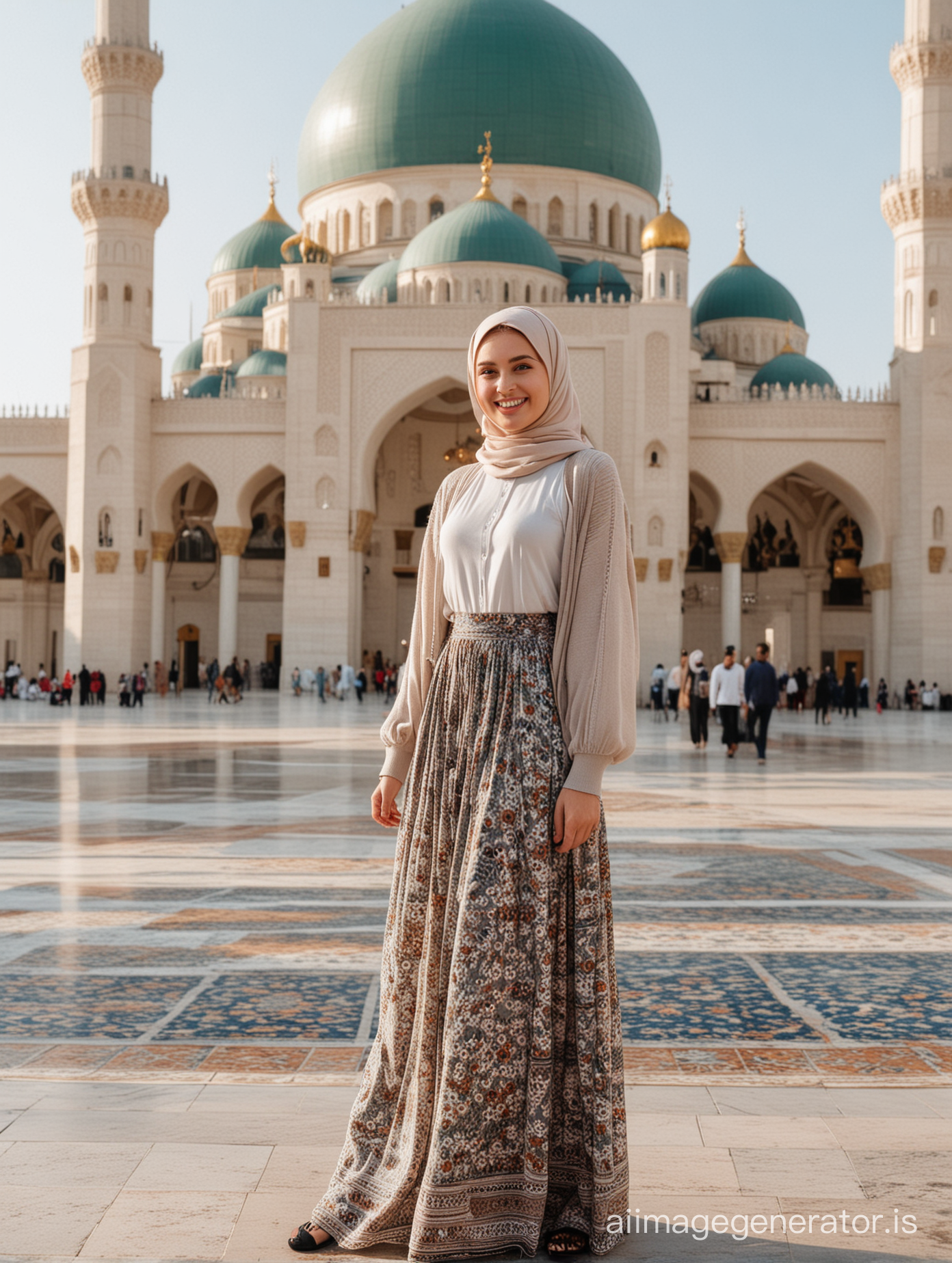 russian girl in hijab, wearing outer cardigan, long skirt, eye level, dynamic pose, smile, background Mecca mosque